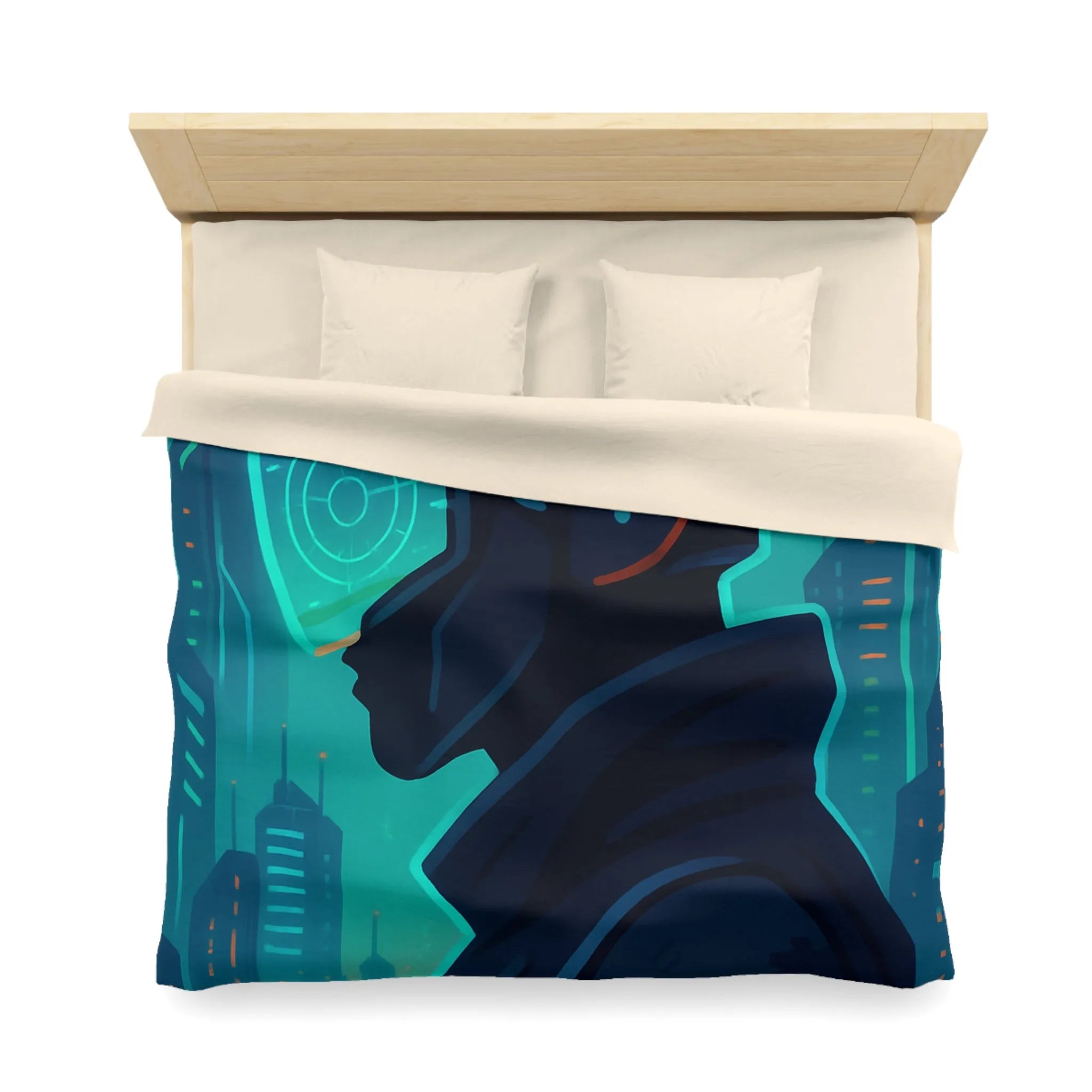 Housse de couette futuriste avec casque de réalité virtuelle et gratte-ciels lumineux