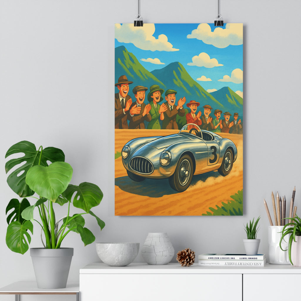 Poster décoratif vintage voiture course argenté rétro joyeux salon chambre bureau dessin animé nuages