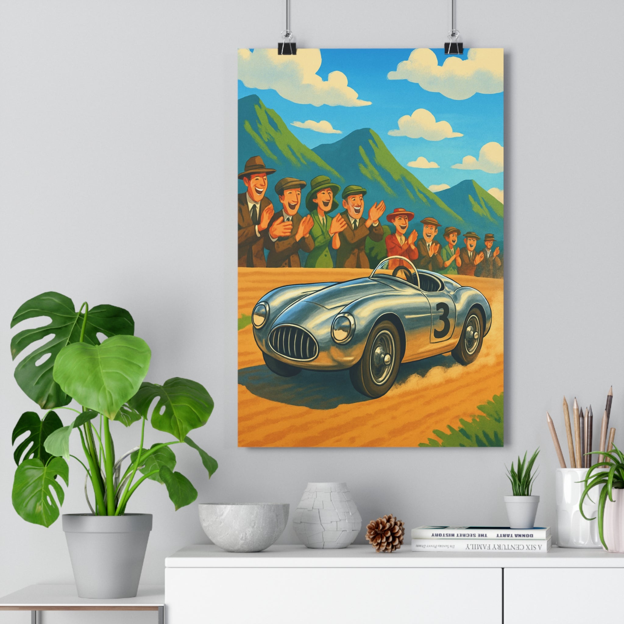 Poster décoratif vintage voiture course argenté rétro joyeux salon chambre bureau dessin animé nuages