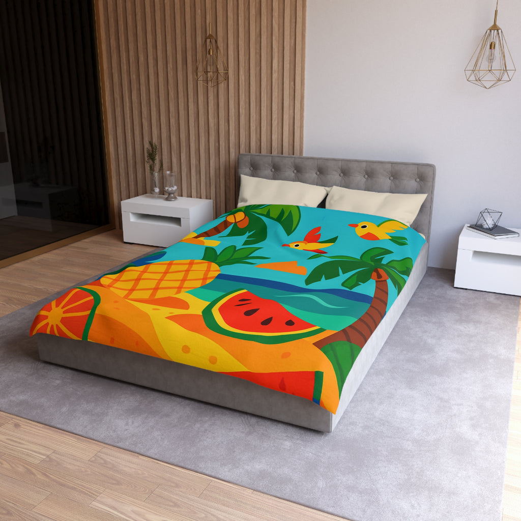 Housse de couette tropicale colorée avec fruits exotiques et oiseaux vibrants sur la plage