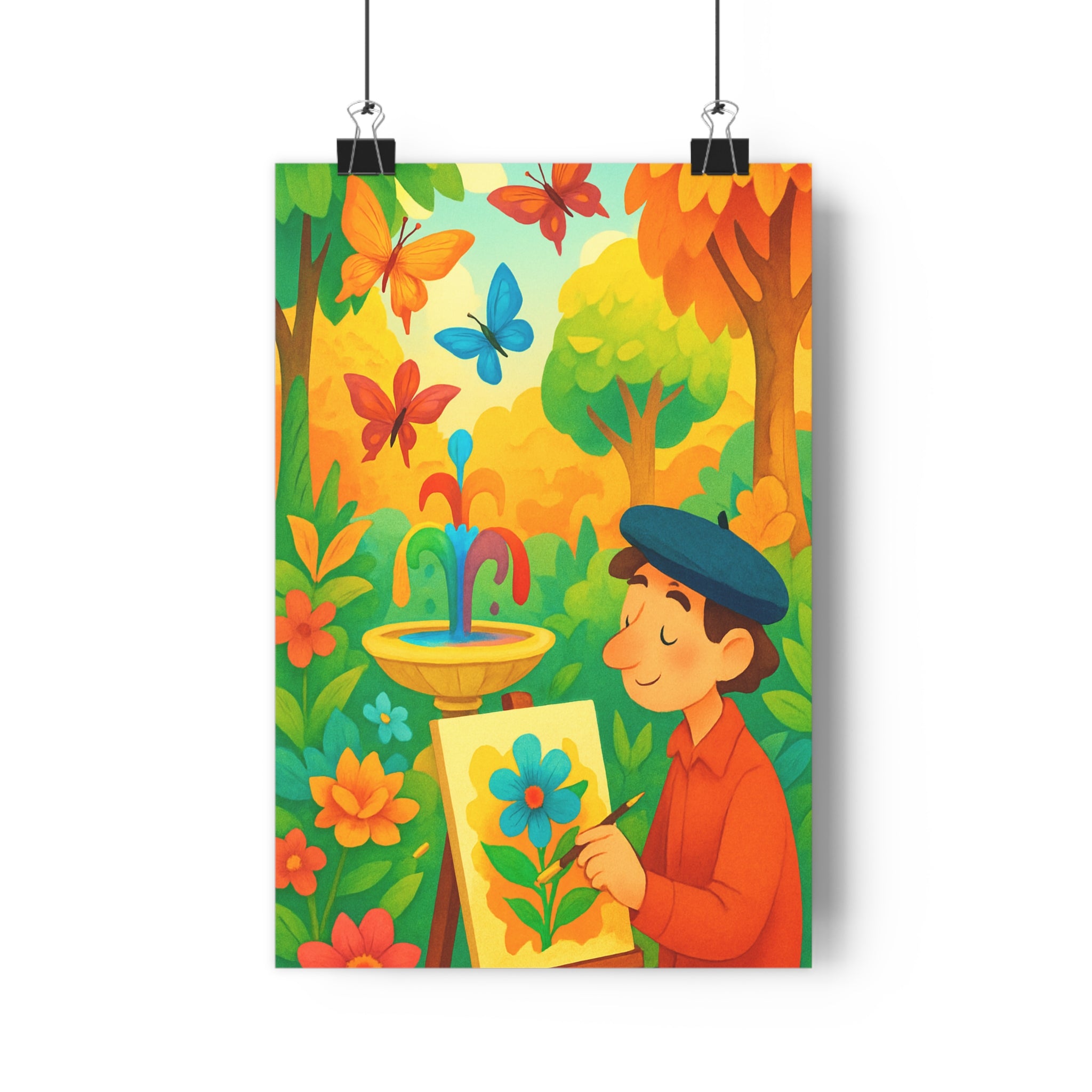 Poster décoratif jardin féerique fleurs papillons colorés joyeux salon chambre enfant artistique multicolore qualité