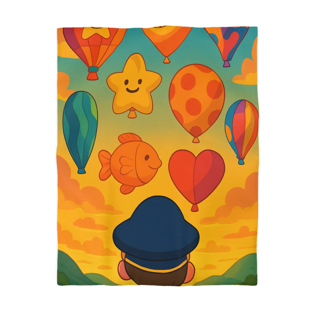 Housse de couette enfant avec montgolfières colorées et paysage au coucher du soleil