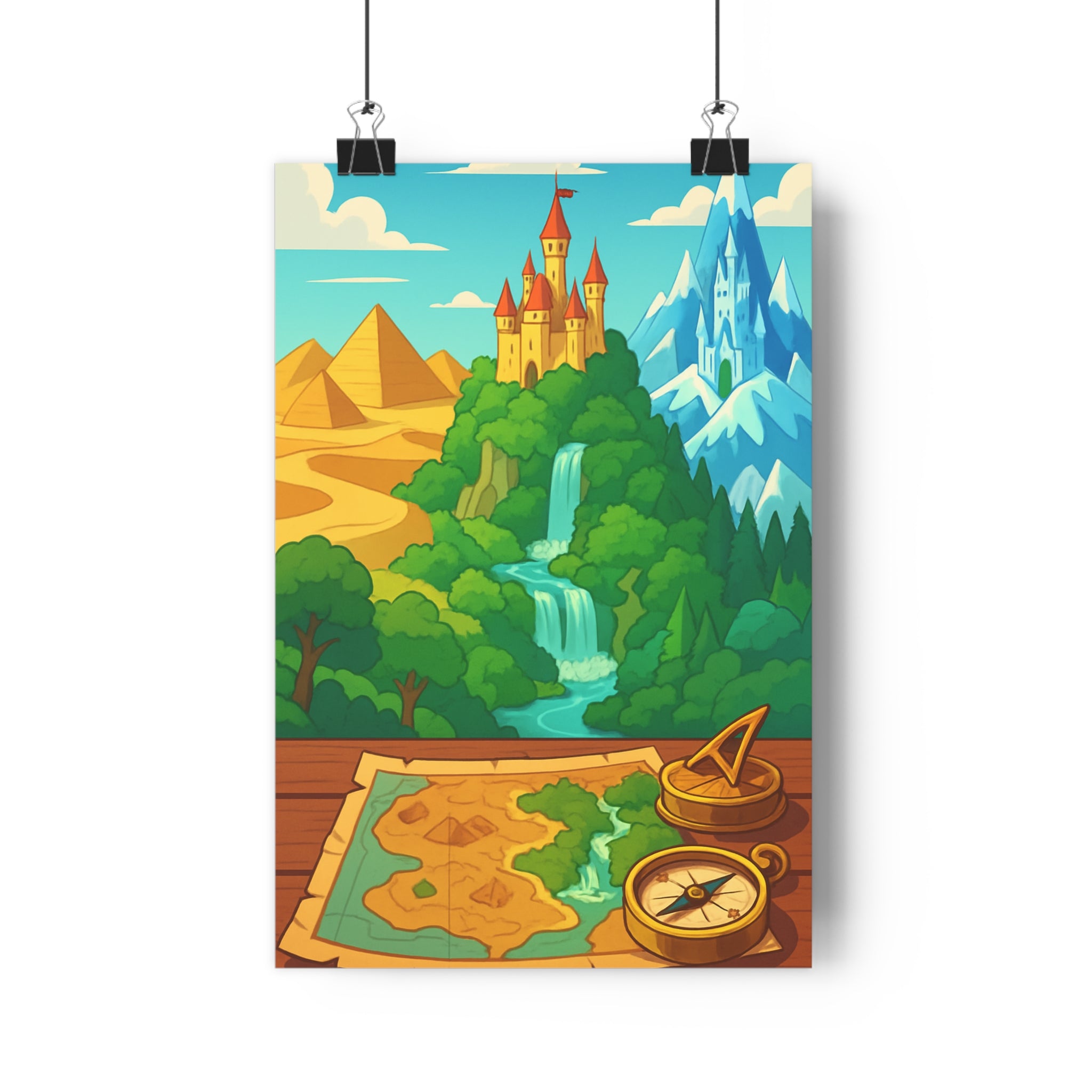 Poster décoratif aventure couleurs vives chambre bureau carte ancienne château montagne désert vibrant qualité