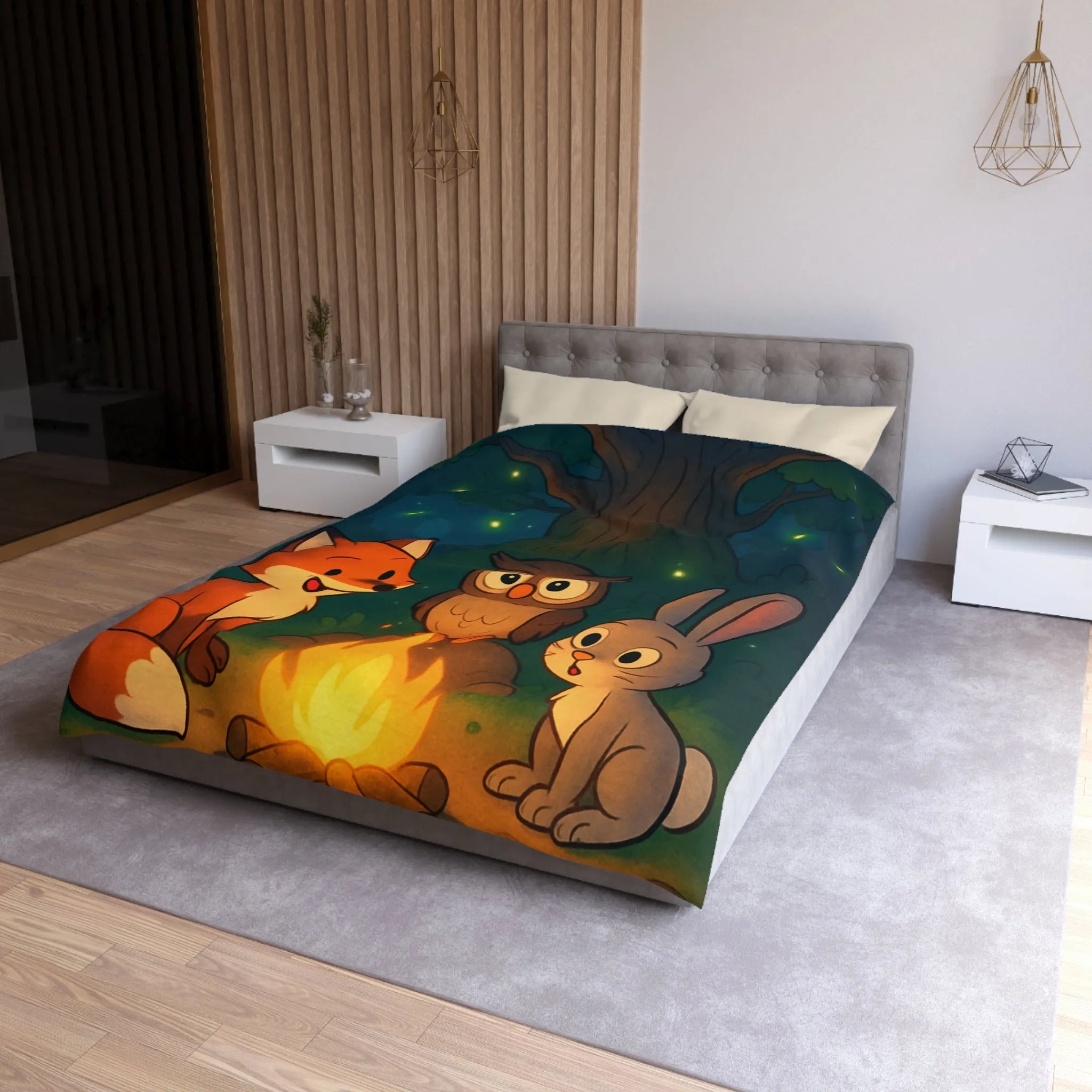 Housse de couette forêt mystique animaux autour du feu sous ciel étoilé magique