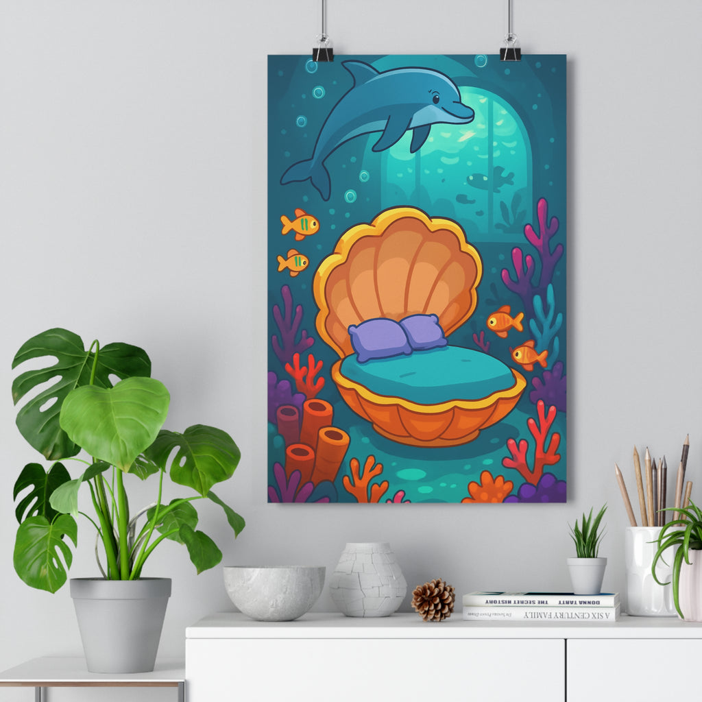 Poster décoratif océan enchanté bleu orange joyeux enfant chambre moderne corail dauphin apaisant 30x46