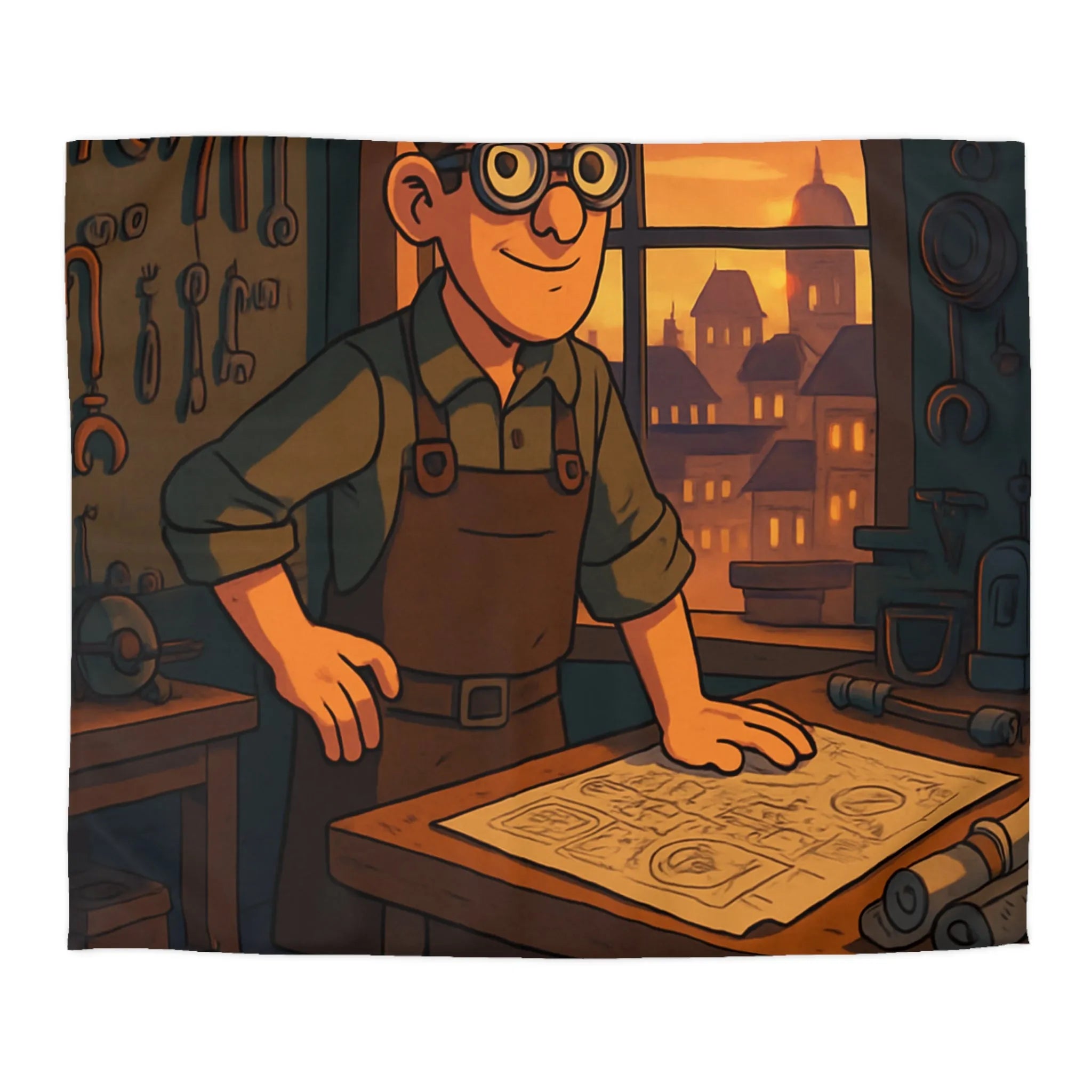 Housse de couette enfant avec illustration atelier rétro et robots amusants pour inventeur