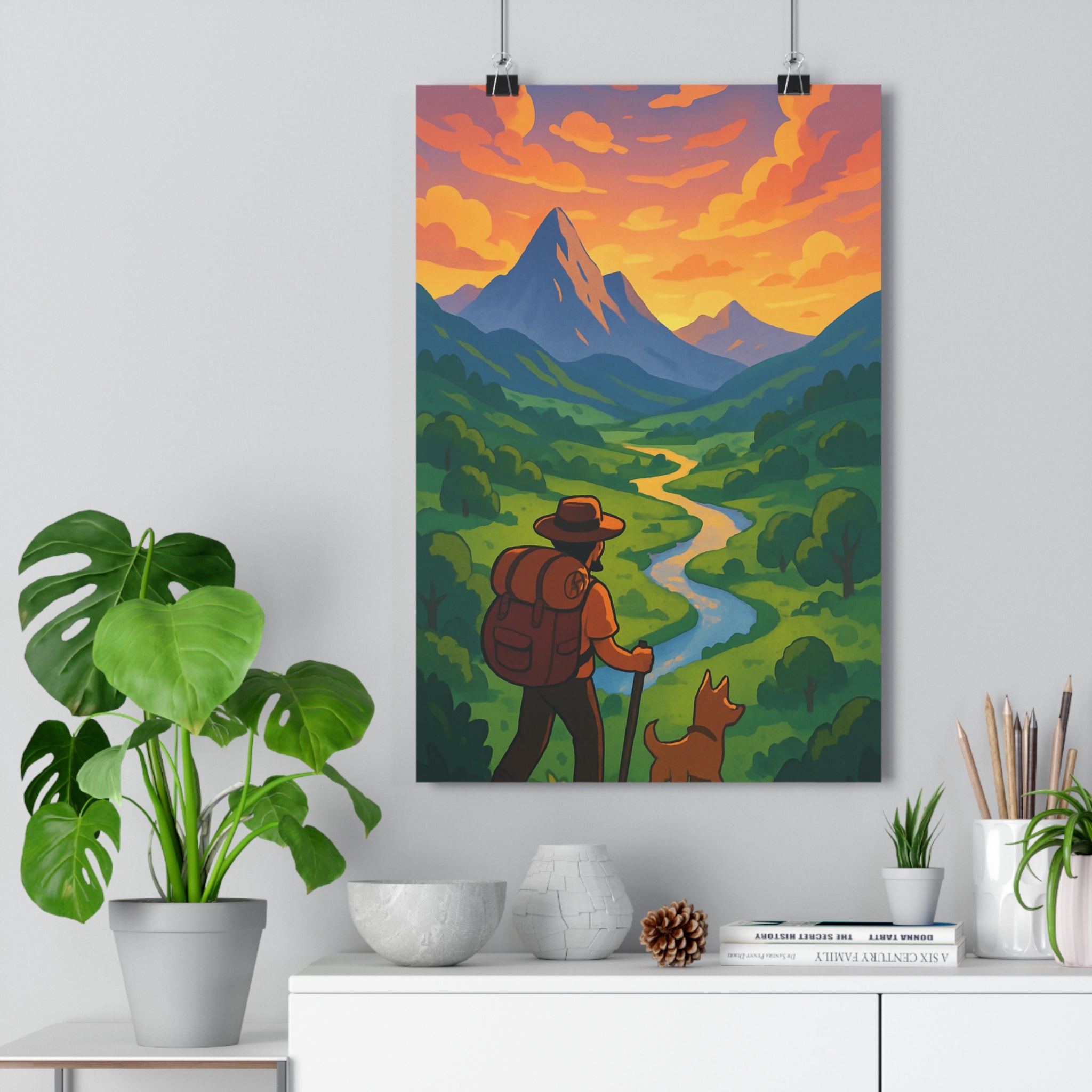Poster décoratif paysage aventure dessin animé coloré montagne coucher de soleil chambre bureau tendance