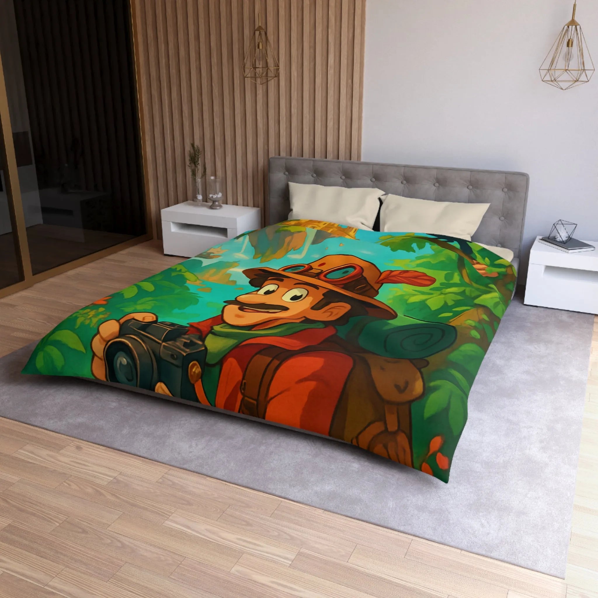 Housse de couette illustrée avec explora-monde et château volant dans jungle exotique