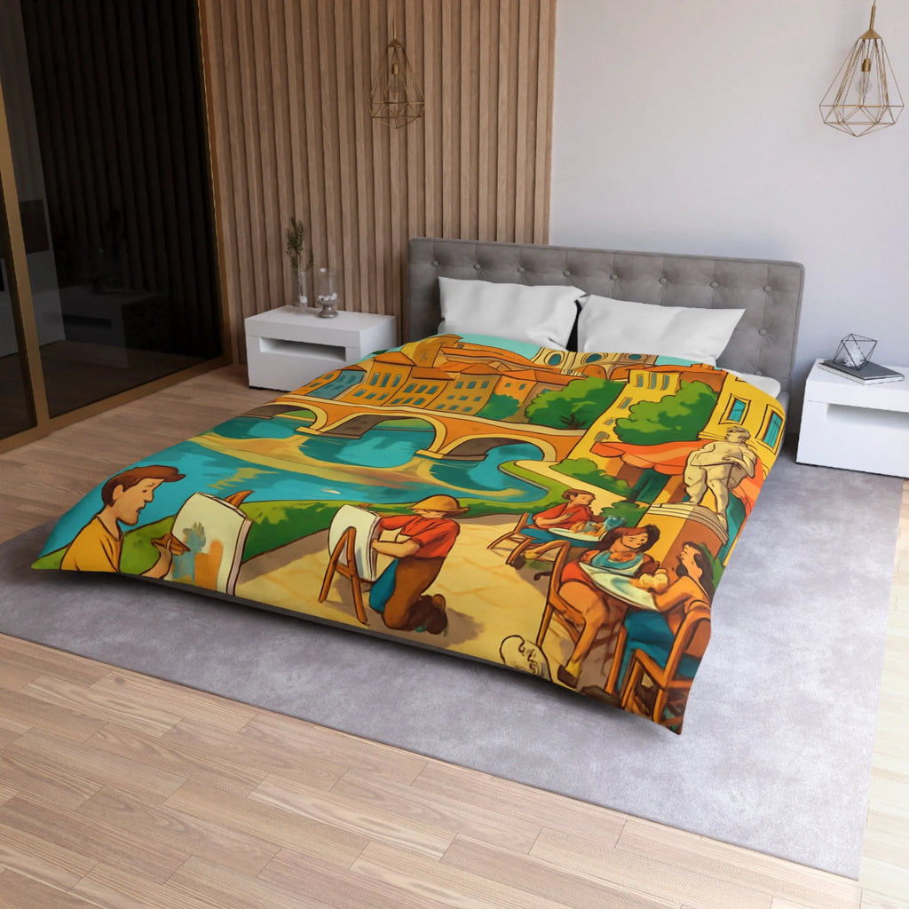 Housse de couette inspirée de ville artistique avec pont et cathédrale colorée