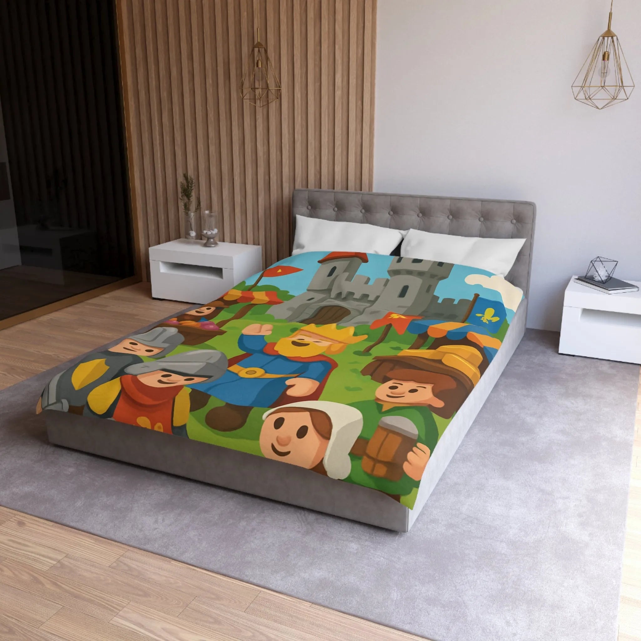 Housse de Couette Ludique Moyen Âge Château Roi et Marché Animé Coloré