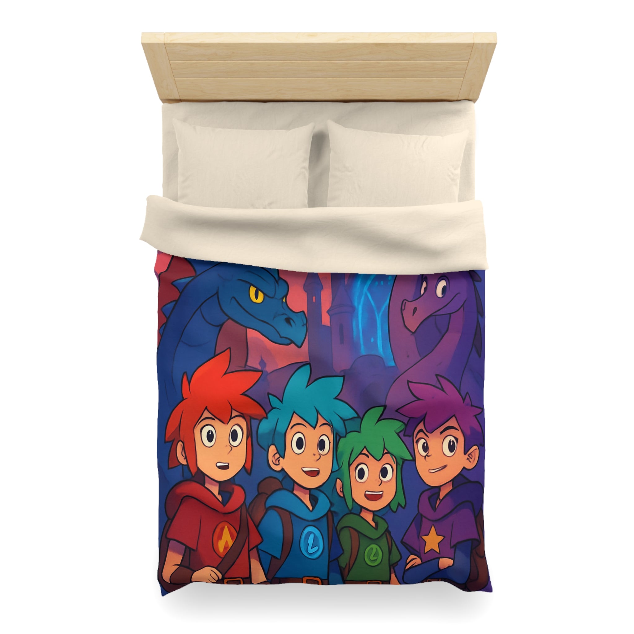 Quatre aventuriers et dragons devant château fantastique, parfait pour chambre d'enfant magique