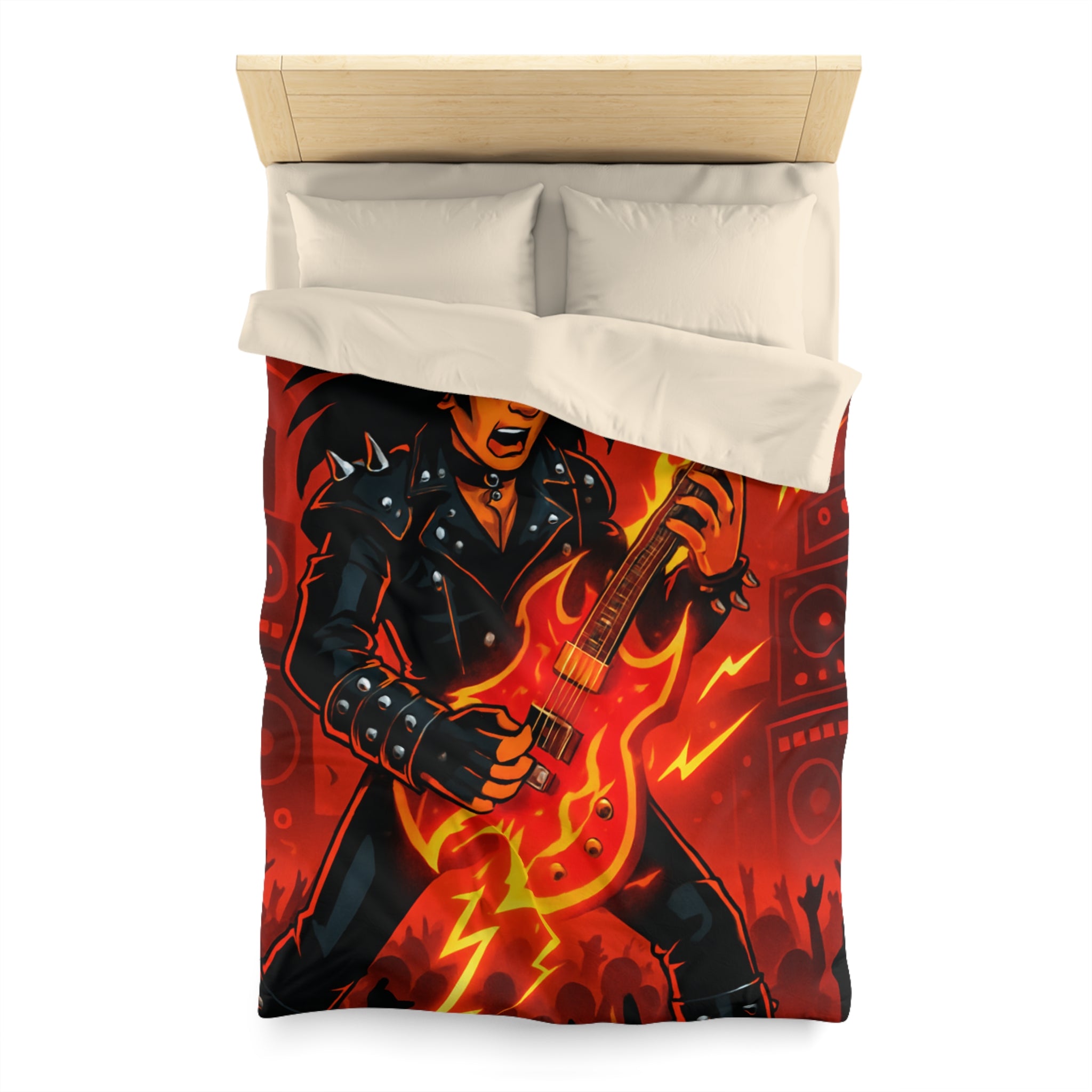 Housse de couette rock énergique avec guitariste enflammé et ambiance concert spectaculaire