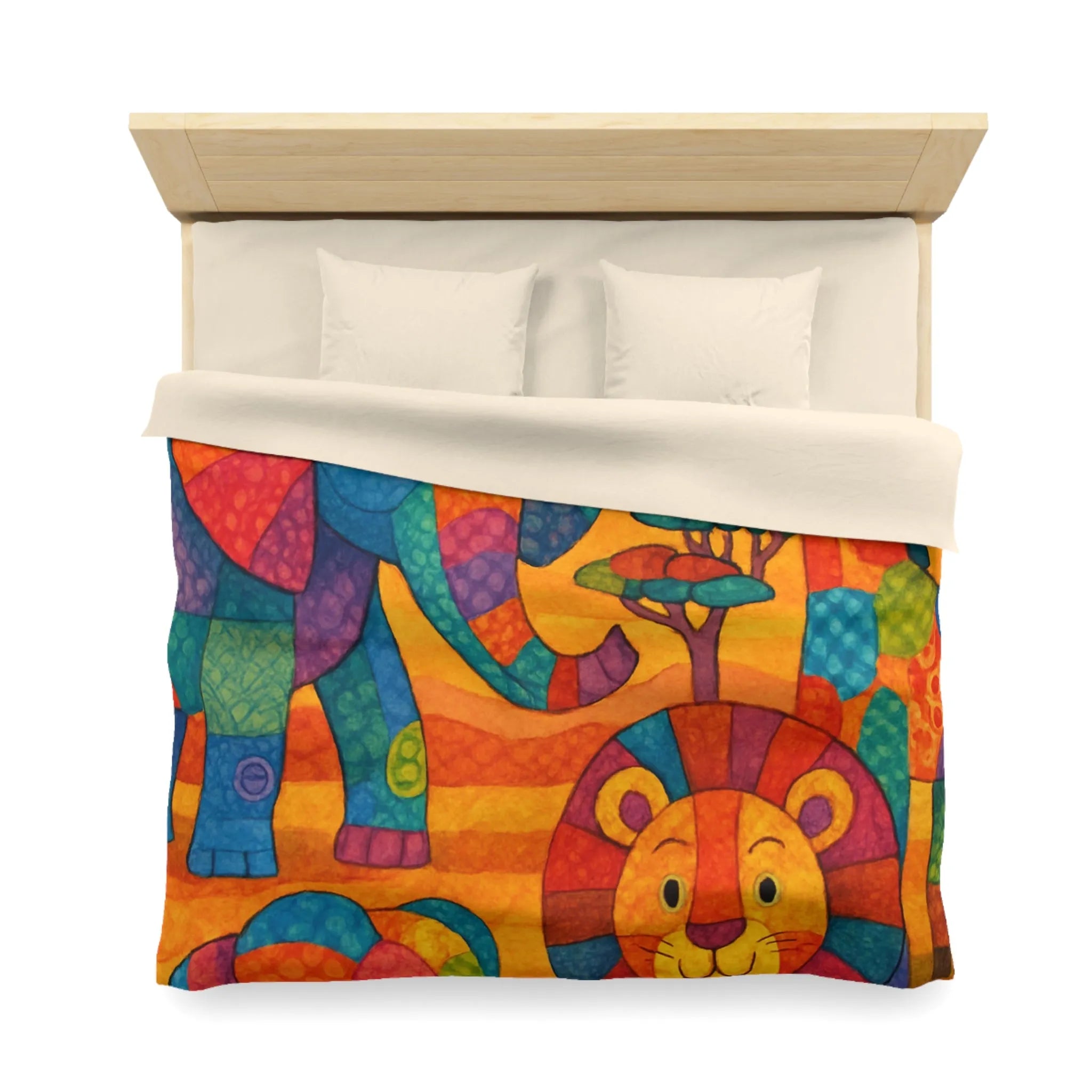 Housse de couette colorée avec éléphants, girafe et lion en style patchwork