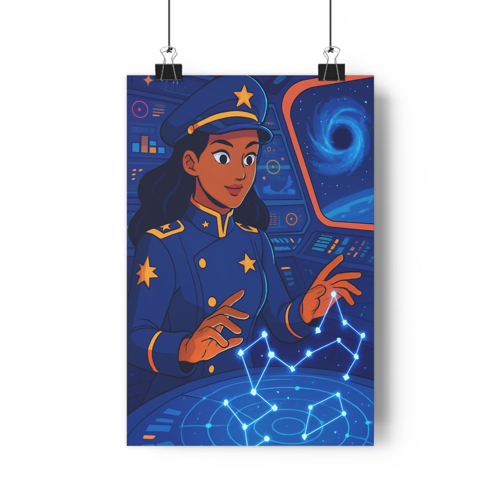 Poster décoratif exploratrice bleu orange futuriste cartoon aventure salon bureau moderne captivant constellation rétro