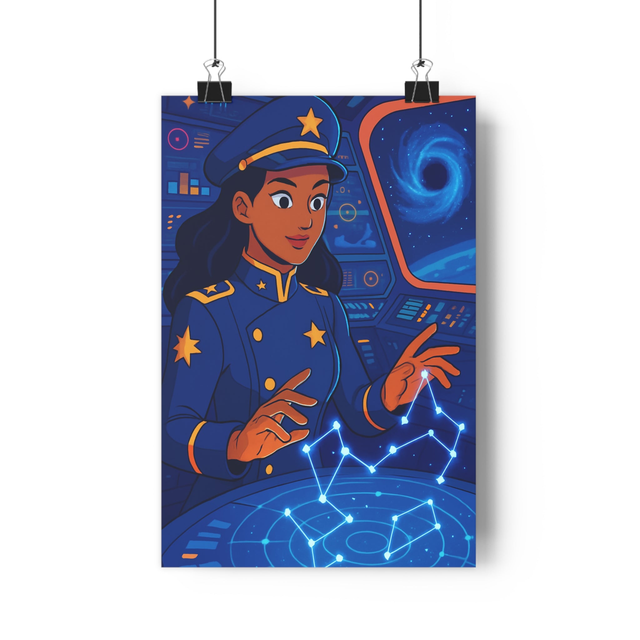Poster décoratif exploratrice bleu orange futuriste cartoon aventure salon bureau moderne captivant constellation rétro