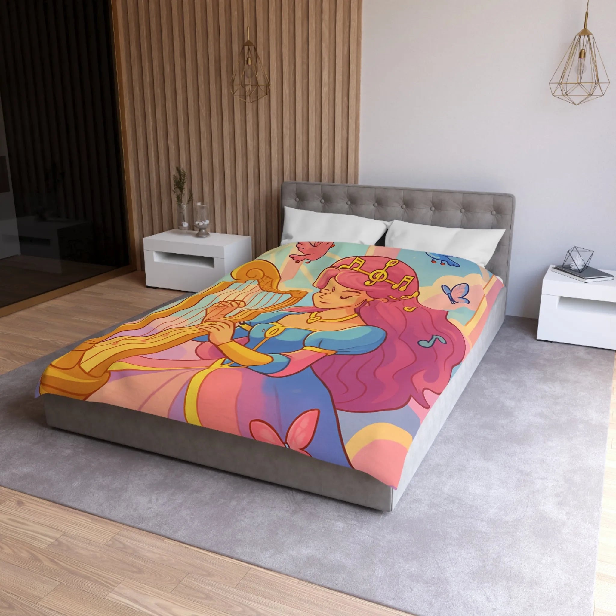 Housse de Couette Magique Princesse Jouant Harpe avec Oiseaux et Papillons Colorés