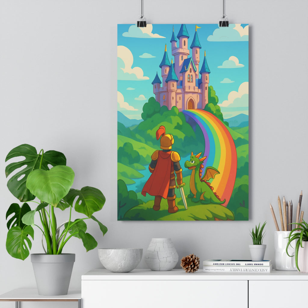 Poster décoratif château enchanté coloré cartoon fantastique joyeux enfant chambre aventure magique féerique vibrant