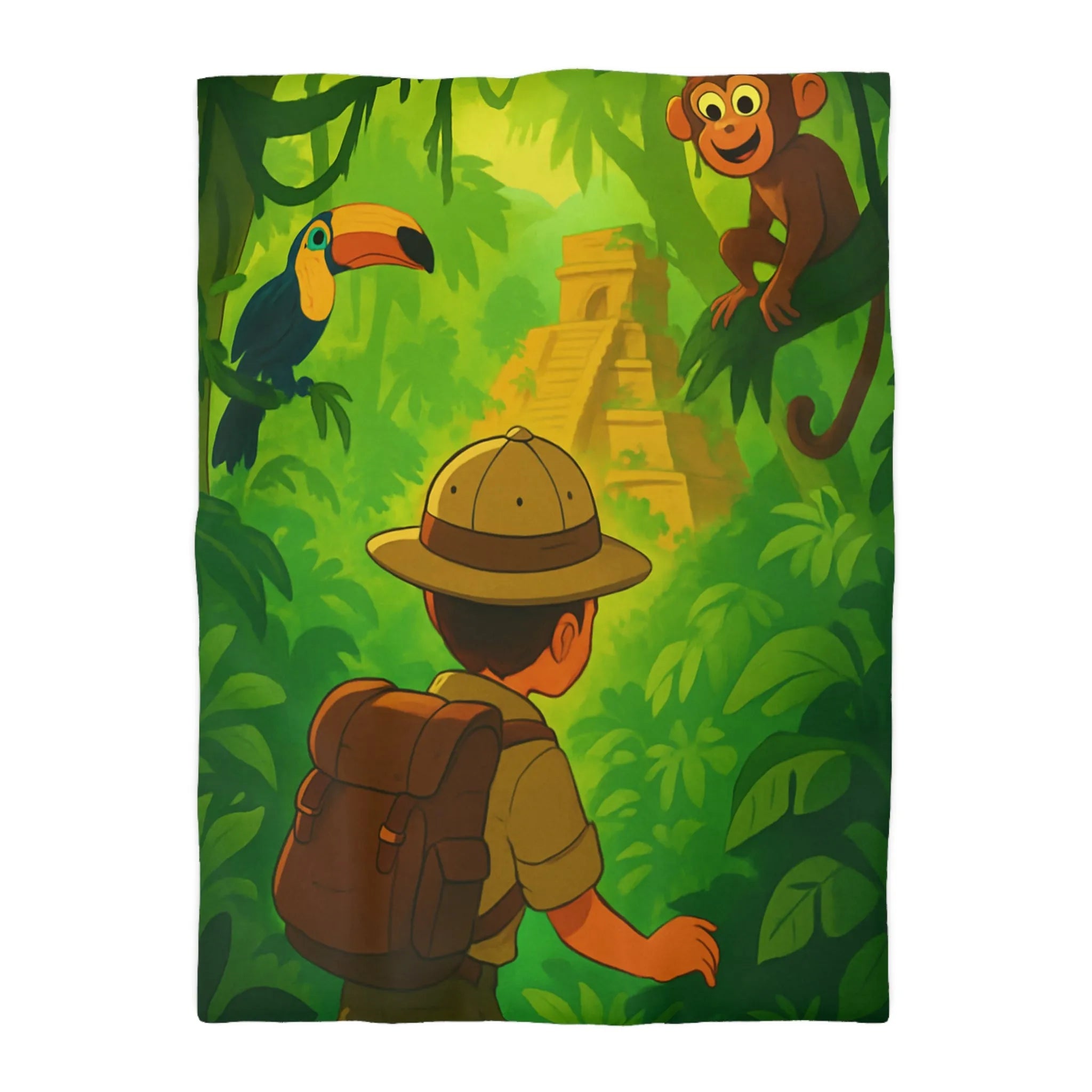 Housse de couette jungle avec aventurier, singe et toucan, ambiance explorateur