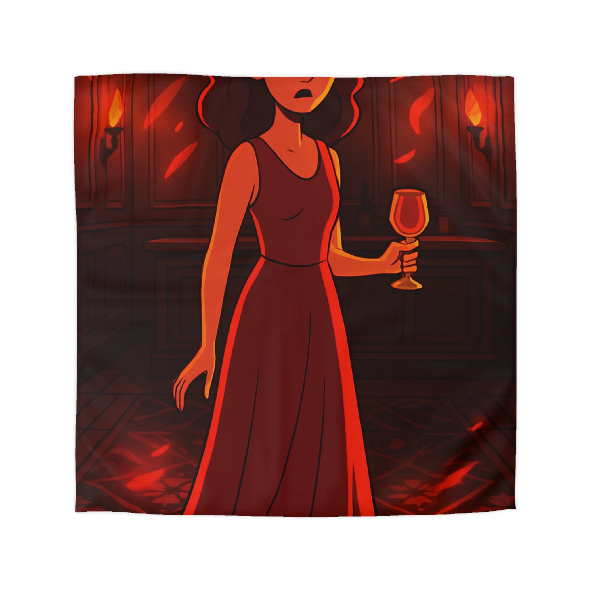 Housse de couette rouge élégante avec motif femme et reflets lumineux mystérieux