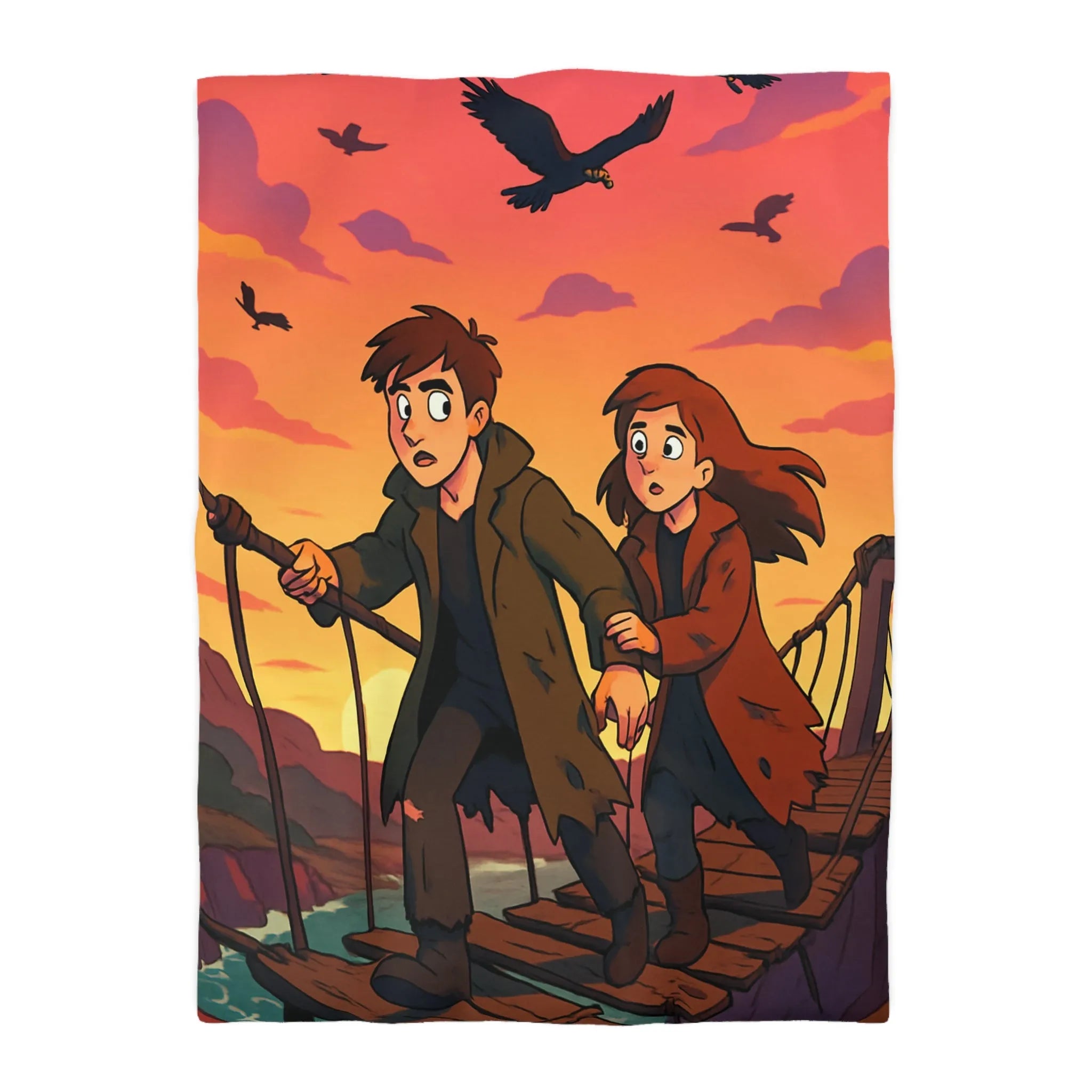 Housse de couette avec pont suspendu et ciel orange au coucher du soleil