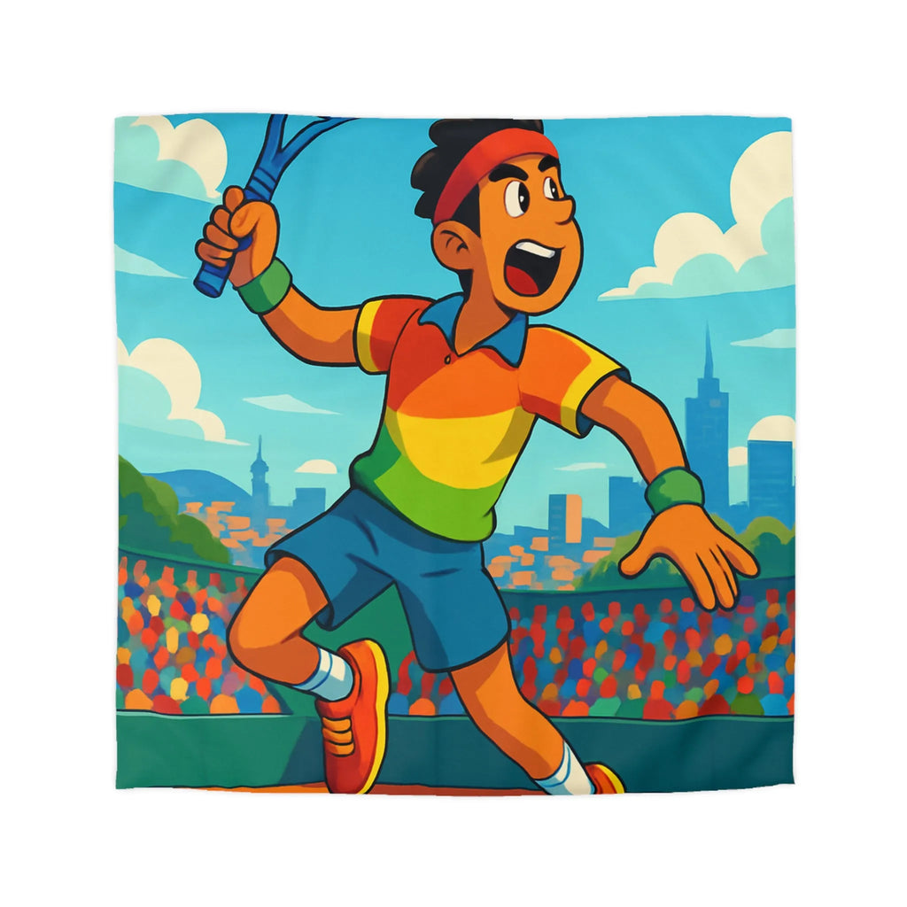 Housse de couette colorée avec joueur de tennis sautant en plein match estival