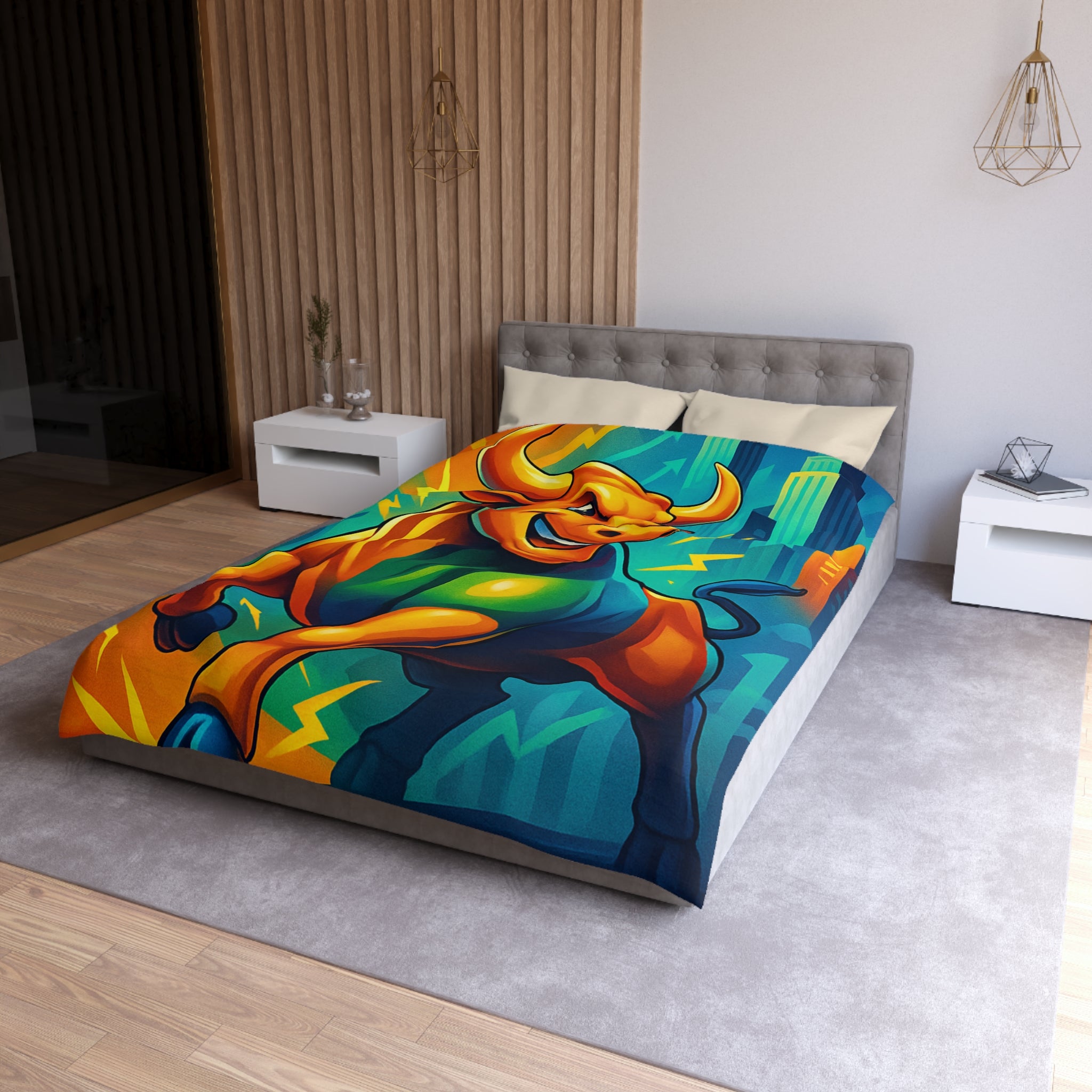 Illustration dynamique d'un taureau énergique avec gratte-ciel modernes et flèches ascendantes