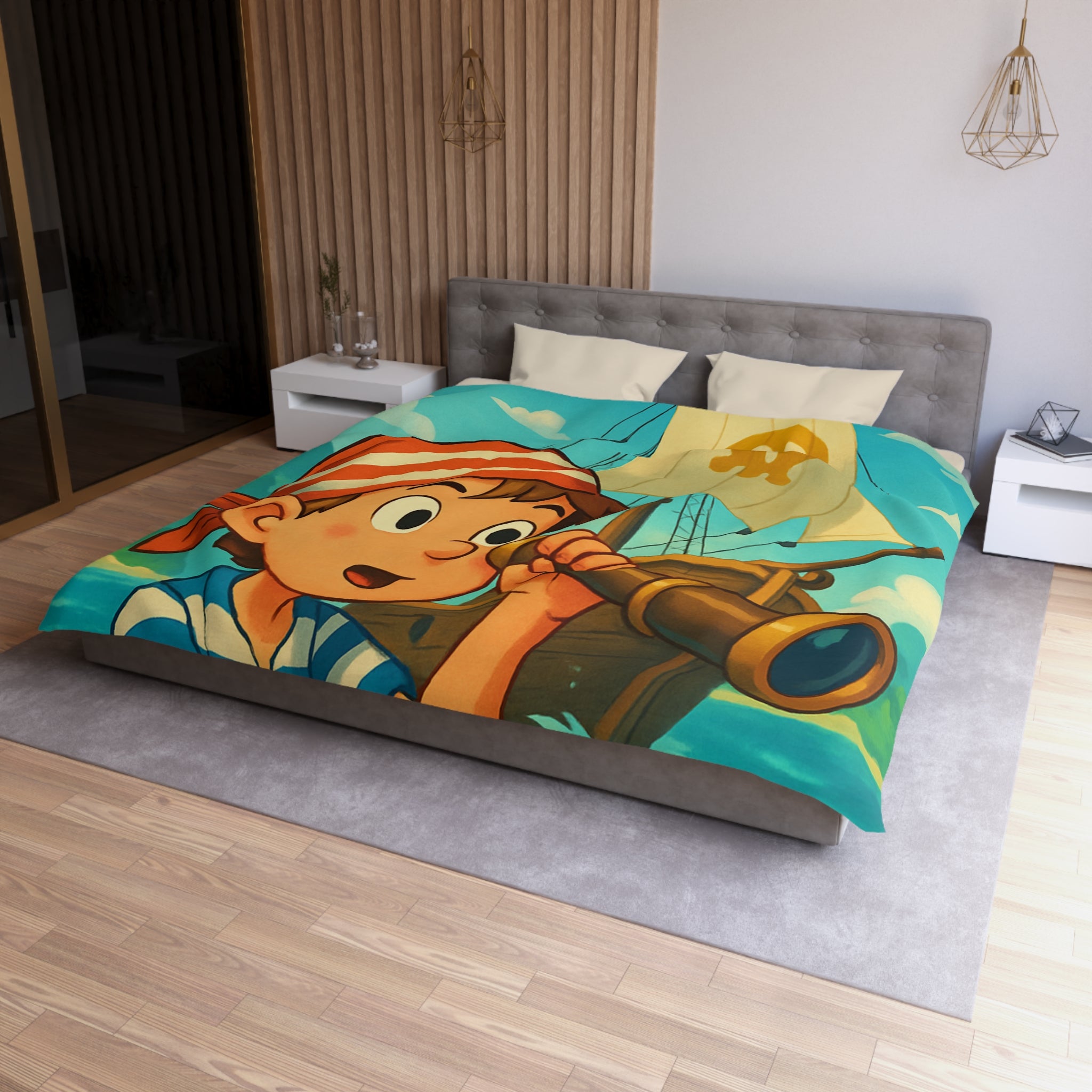 Housse de Couette Pirate Enfantine avec Bateau et Jumelles pour Chambre Aventure