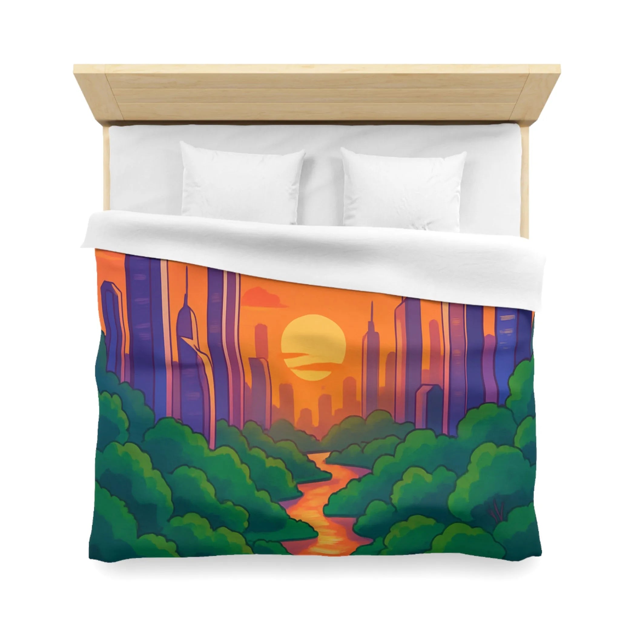 Housse de couette avec illustration urbaine et naturelle au coucher du soleil envoûtant