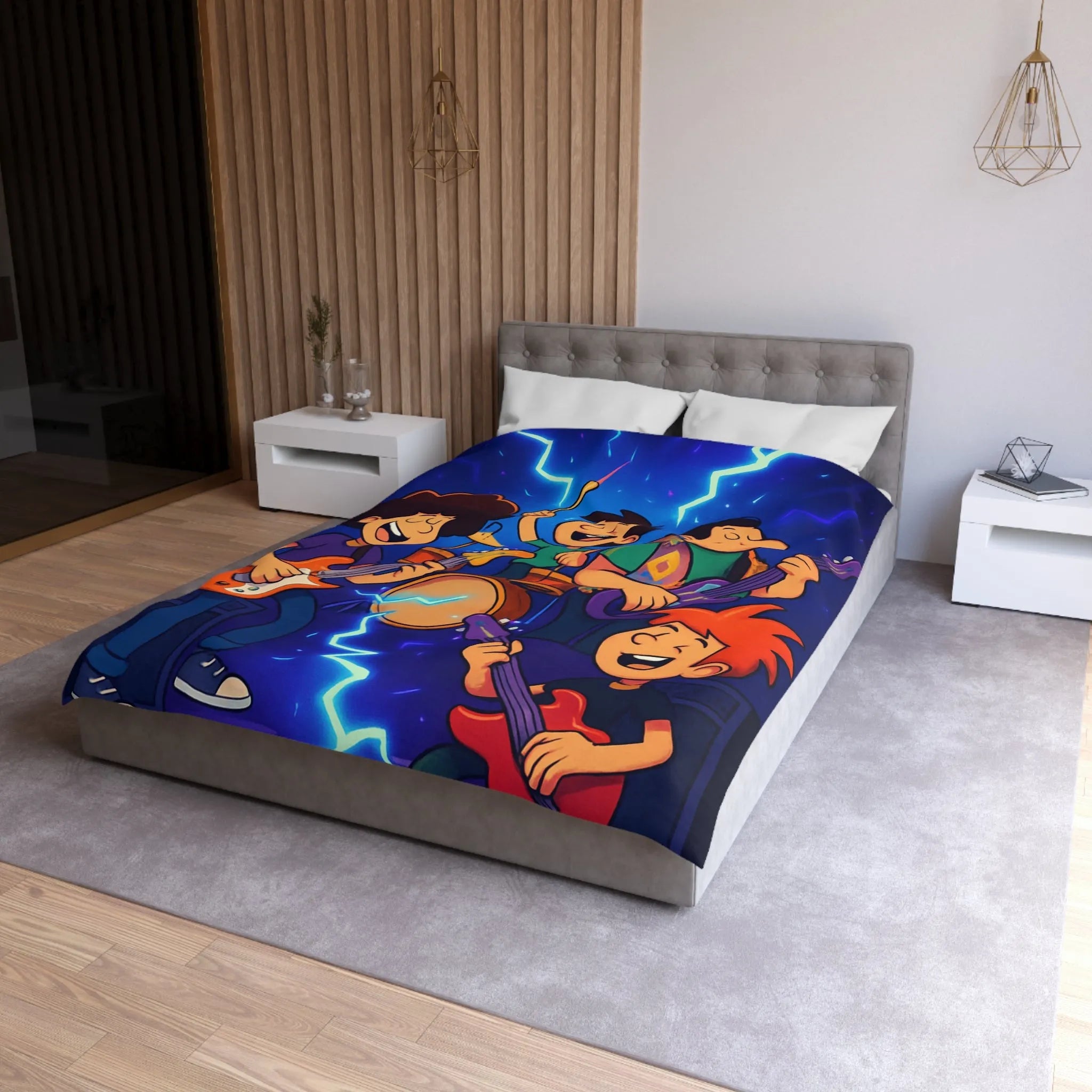 Housse de couette avec motif de jeunes musiciens électriques style dessin animé vibrant