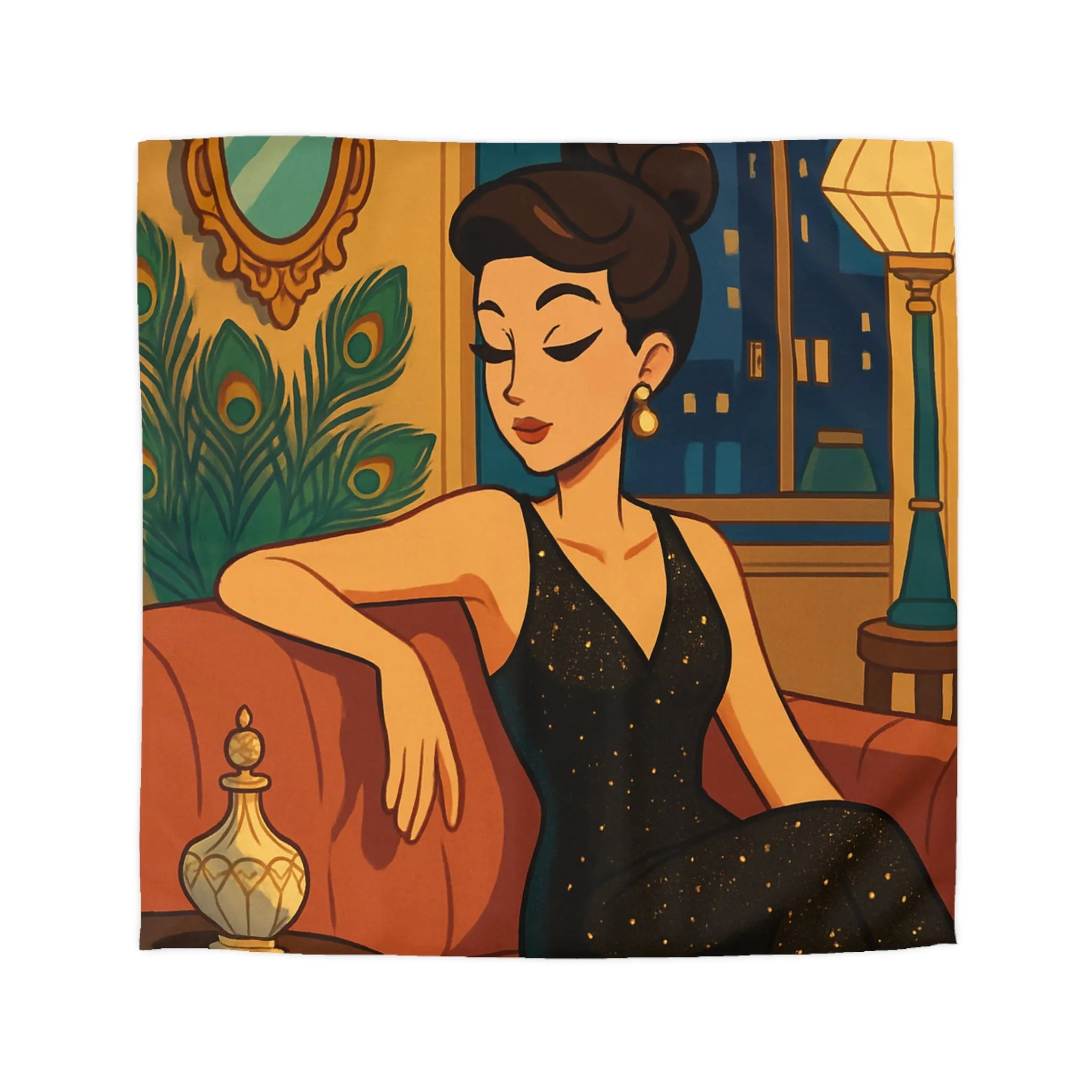 Élégante Femme Vintage Élégamment Assise sur Canapé dans Appartement Luxueux Années 50