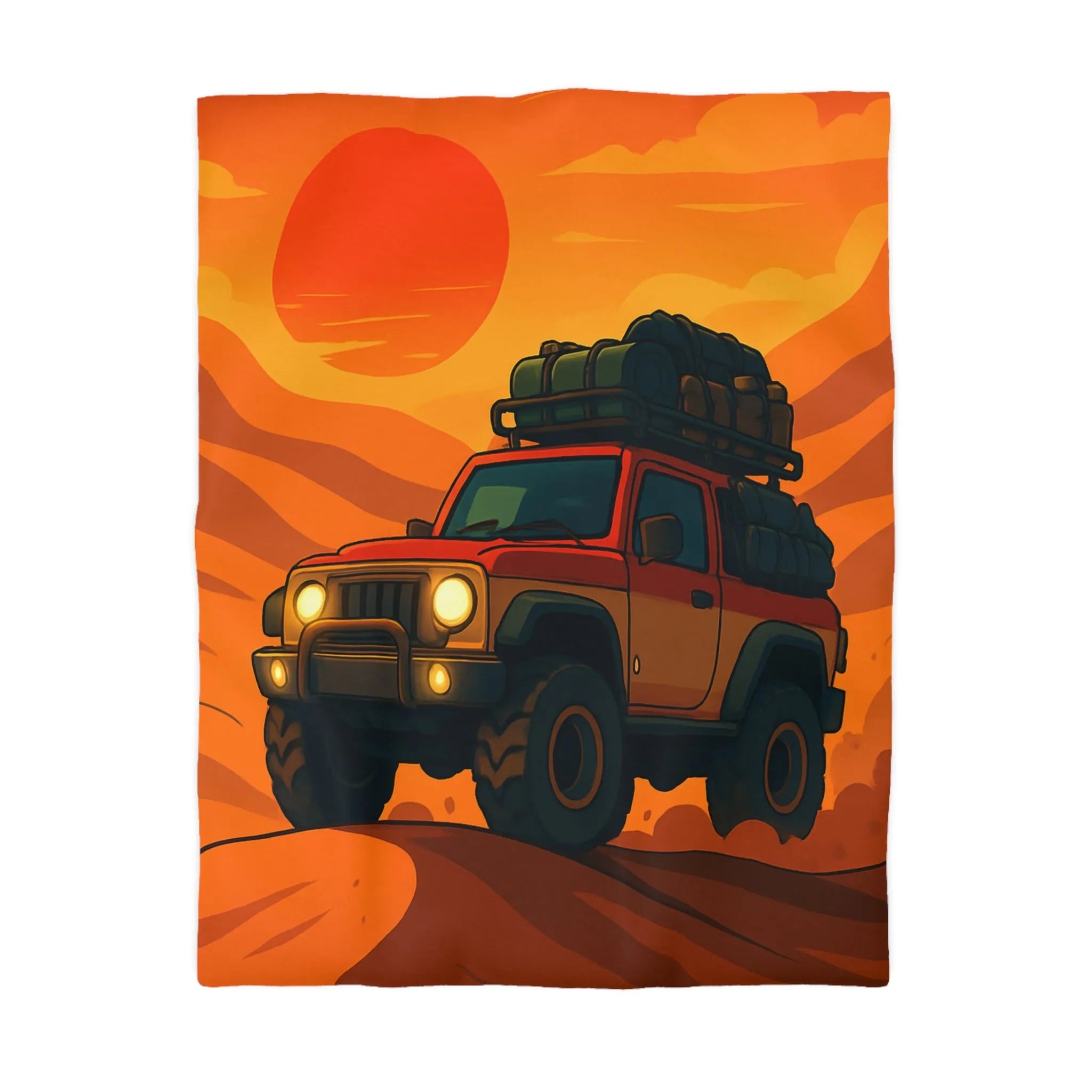Housse de couette aventure désert rouge avec 4x4 et coucher de soleil éclatant