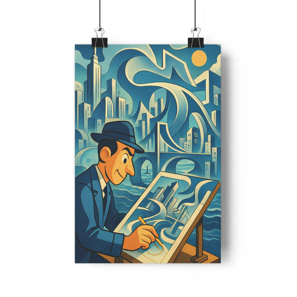 Poster décoratif art futuriste bleu jaune moderne bureau salon créatif style artistique élégant unique