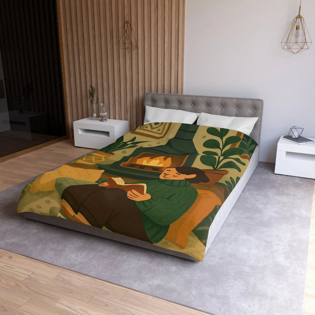 Housse de couette cosy avec cheminée et ambiance hygge, style scandinave relaxant