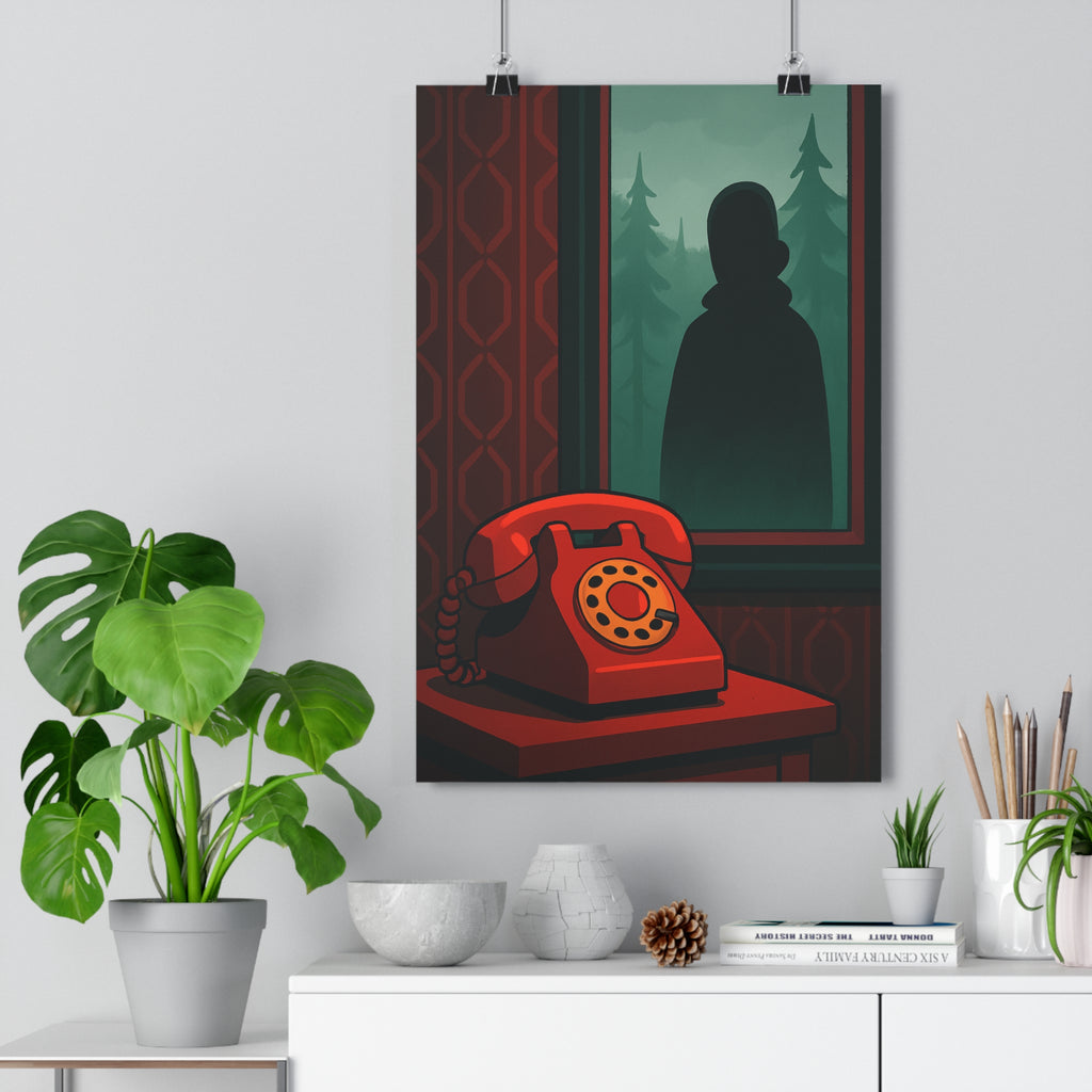 Poster décoratif vintage rouge vert mystérieux salon chambre intrigue sapins forêt ambiance captivante qualité