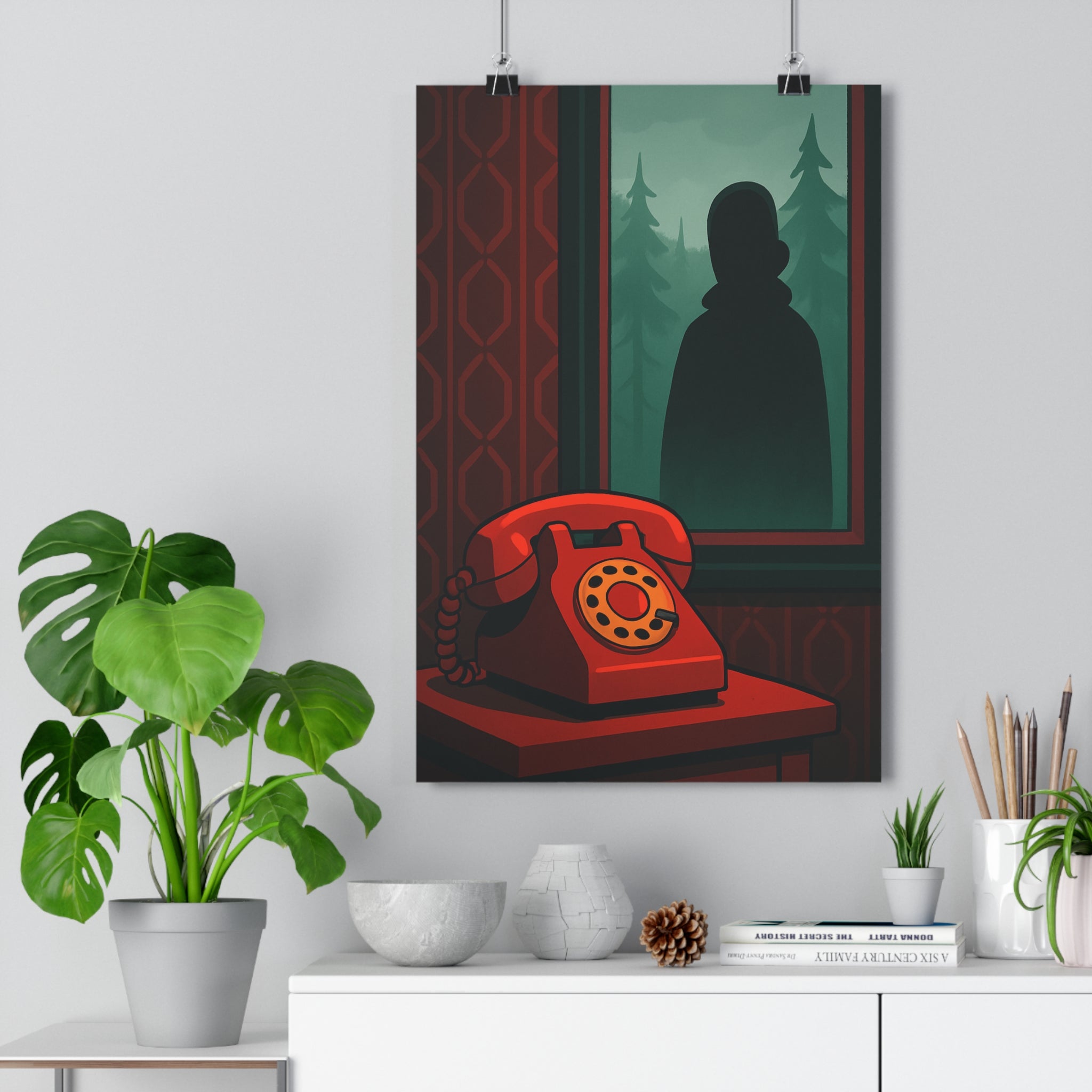 Poster décoratif vintage rouge vert mystérieux salon chambre intrigue sapins forêt ambiance captivante qualité