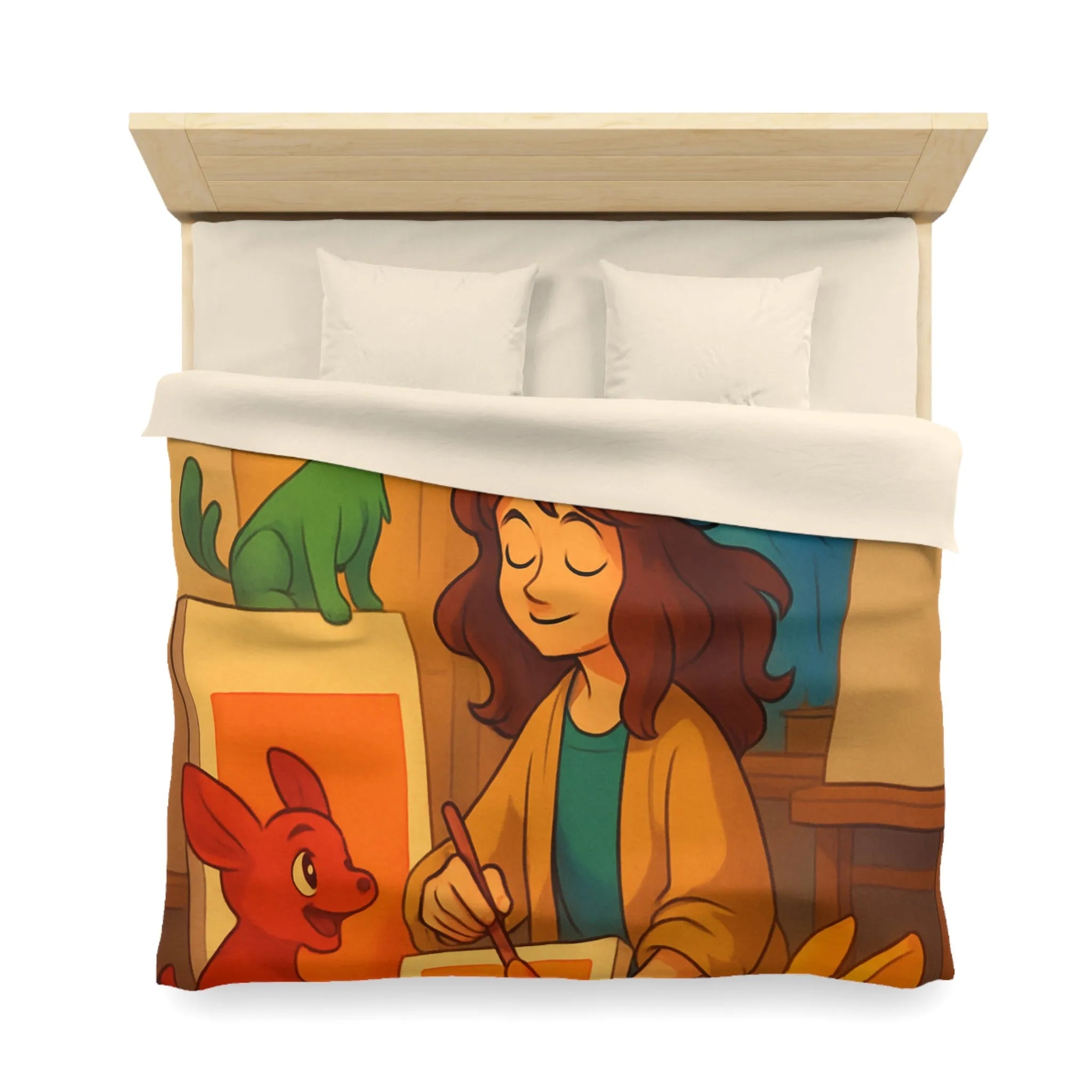 Housse de couette colorée avec artiste et animaux en studio d'art lumineux