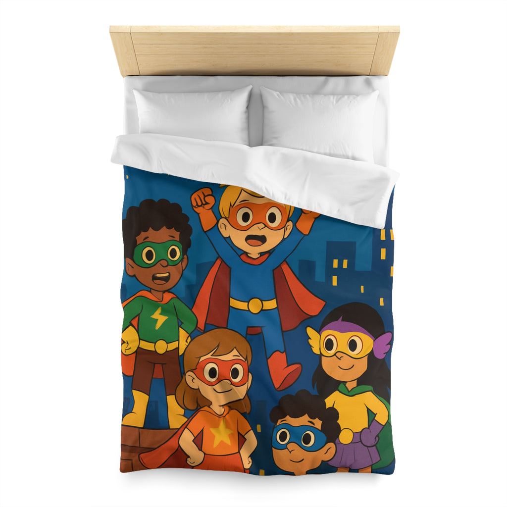 Super-héros Enfants Volant Nuit Ciel Étoilé Ville Amis Confiants Housse de Couette Colorée