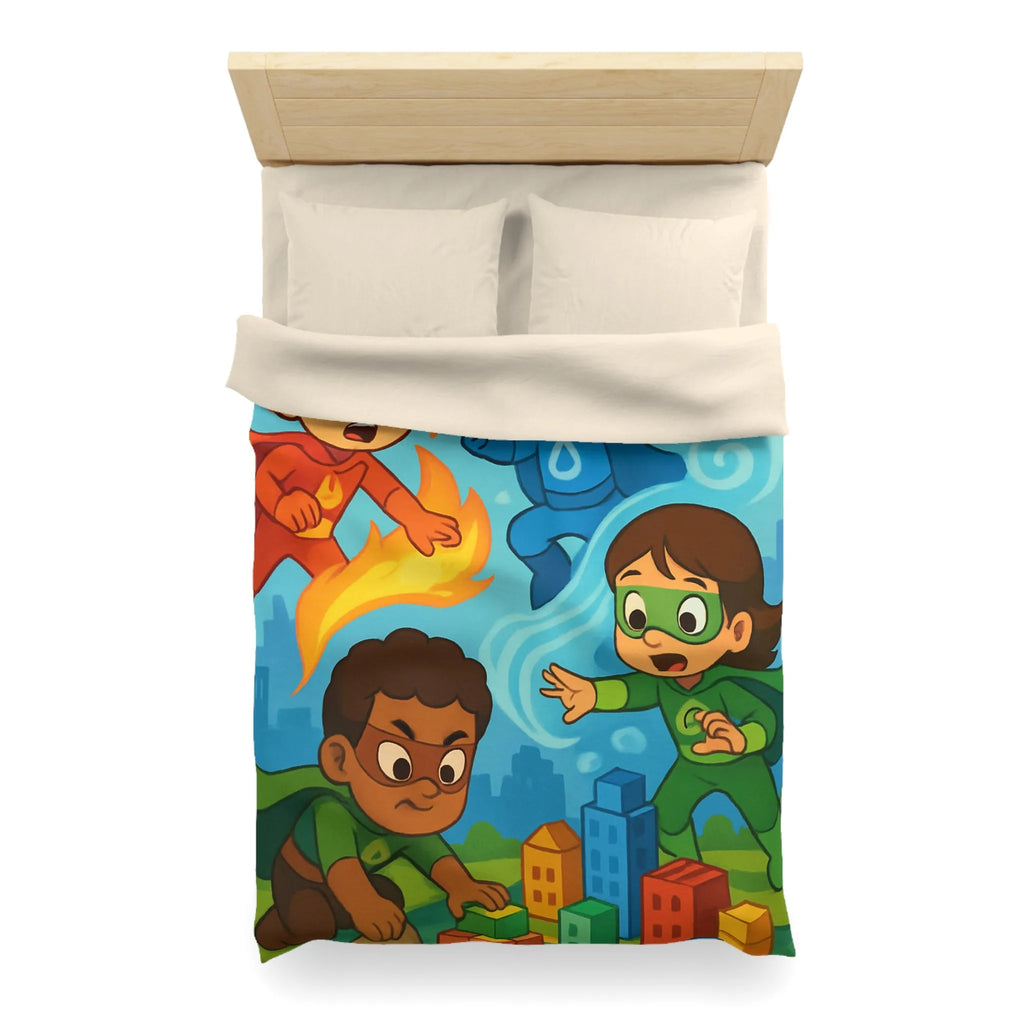 Housse de couette enfant avec super-héros colorés en action dans une ville imaginaire