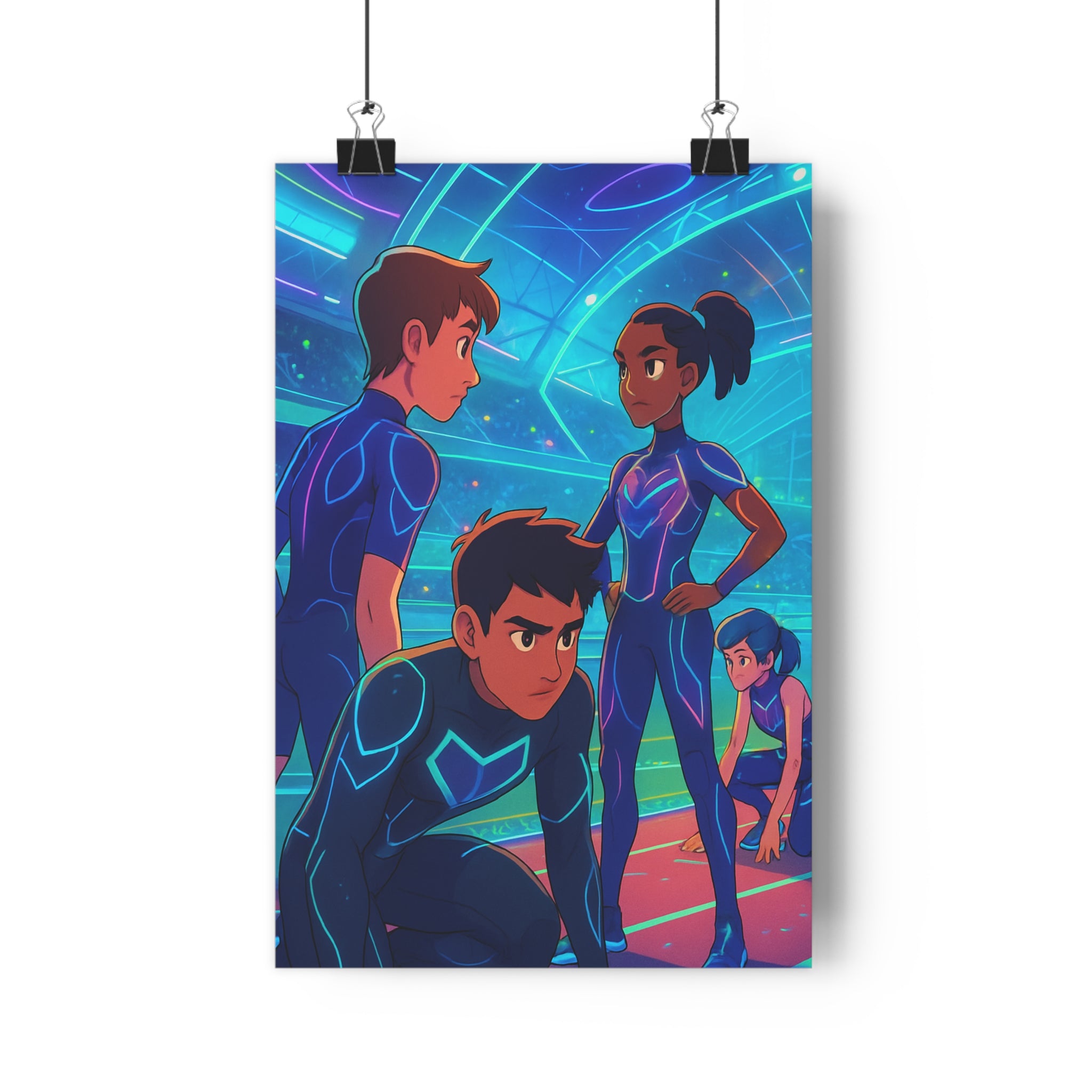 Poster décoratif futuriste néon bleu violet animé dynamique sport chambre bureau 30x46 vibrant athlètes