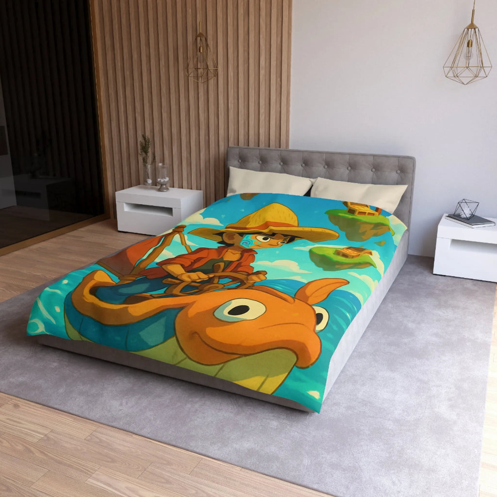 Housse de couette embarcation colorée sur océan turquoise avec îles flottantes et trésors