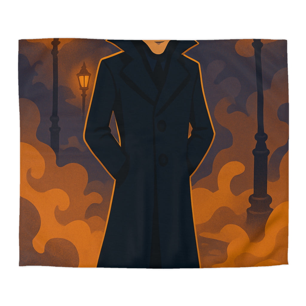 Housse de couette mystique détective en noir, décor urbain nocturne éclairé de lampadaires