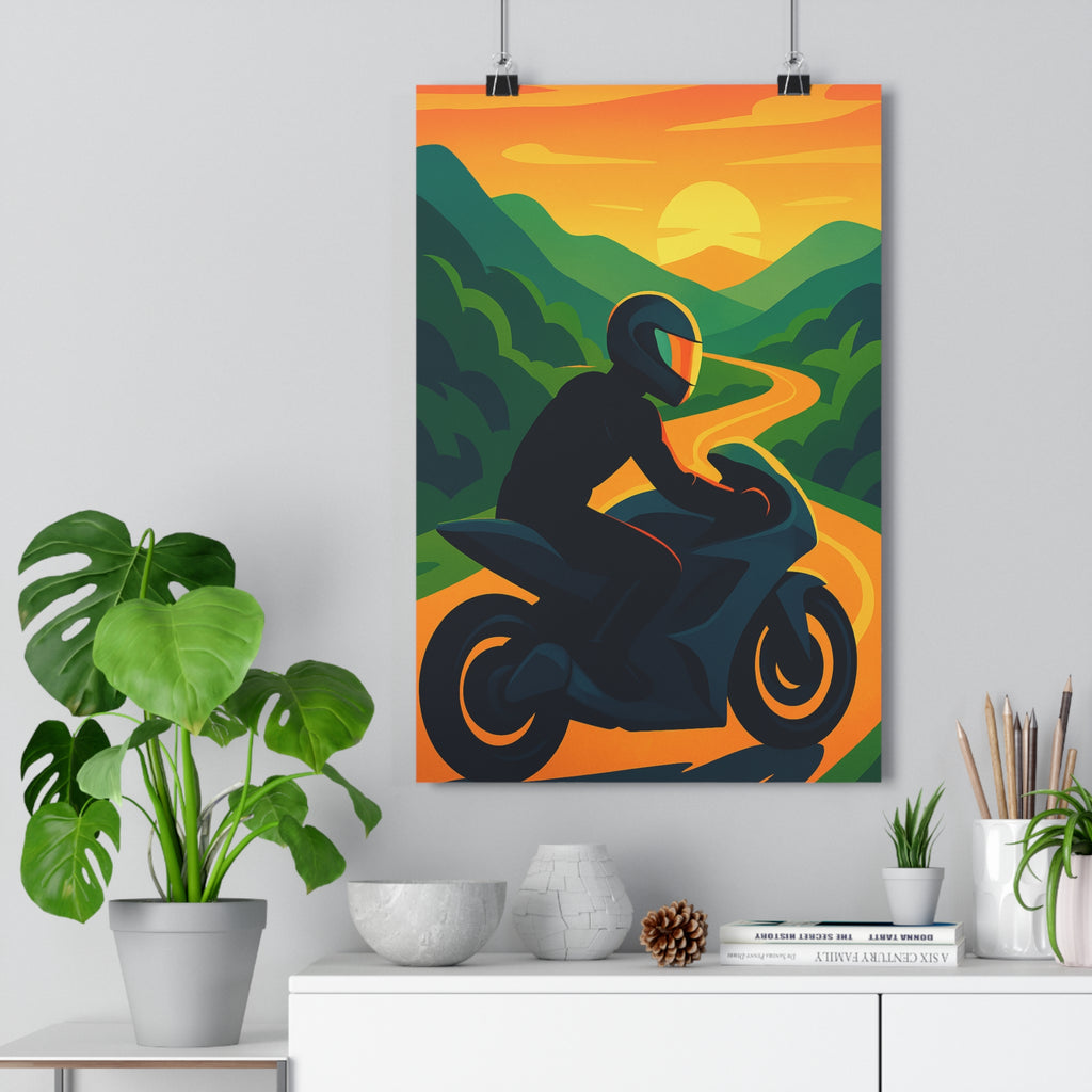Poster décoratif motard coucher soleil cartoon vert orange aventure bureau chambre style vibrant qualité