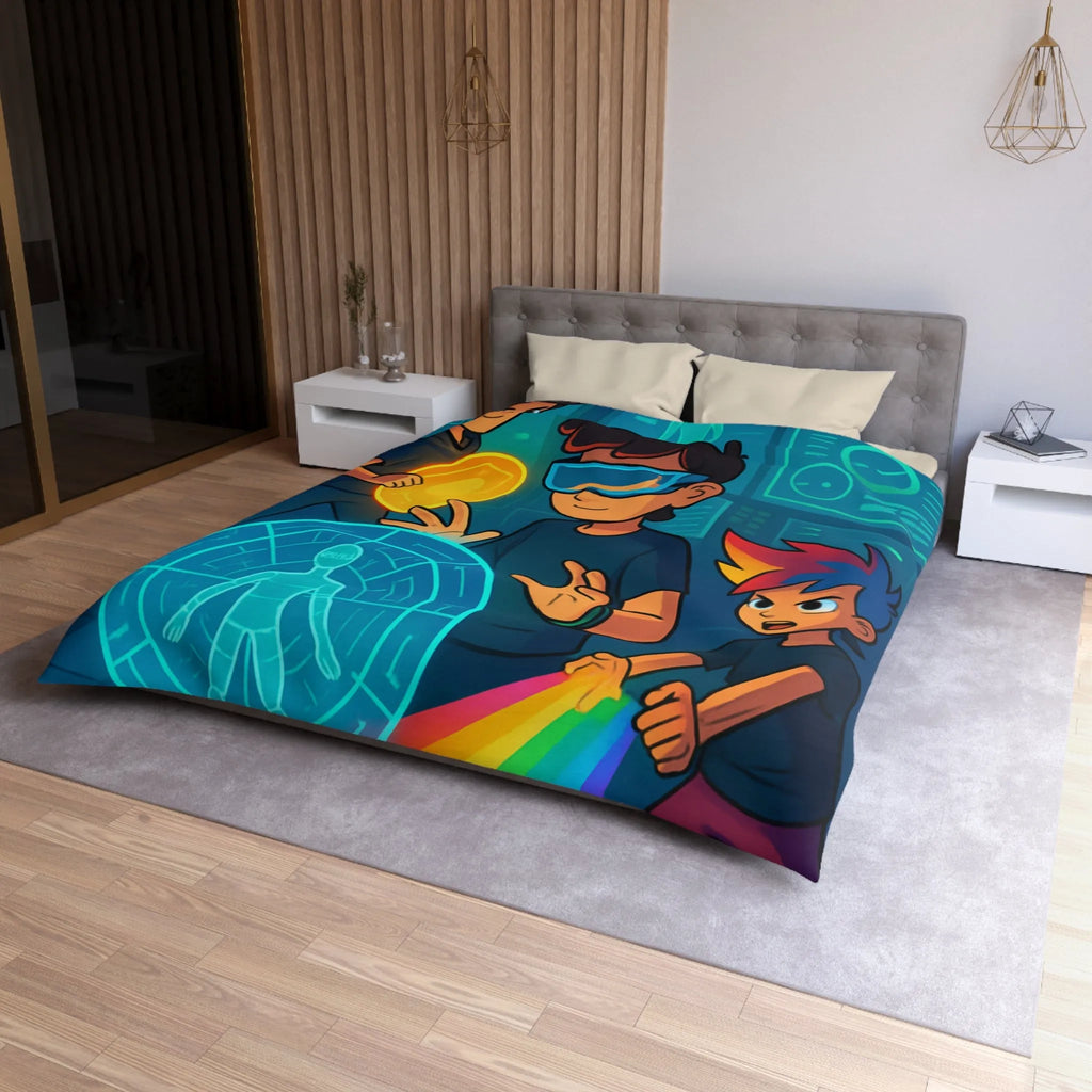 Housse de couette colorée avec enfants explorant un monde futuriste numérique et lumineux