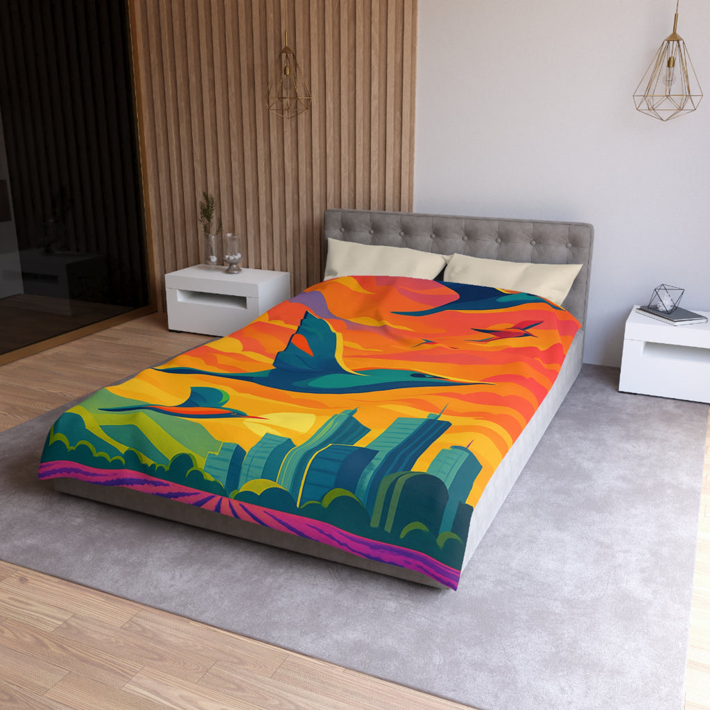 Housse de Couette Vibrante avec Oiseaux Volant au-dessus Champs et Ville au Crépuscule