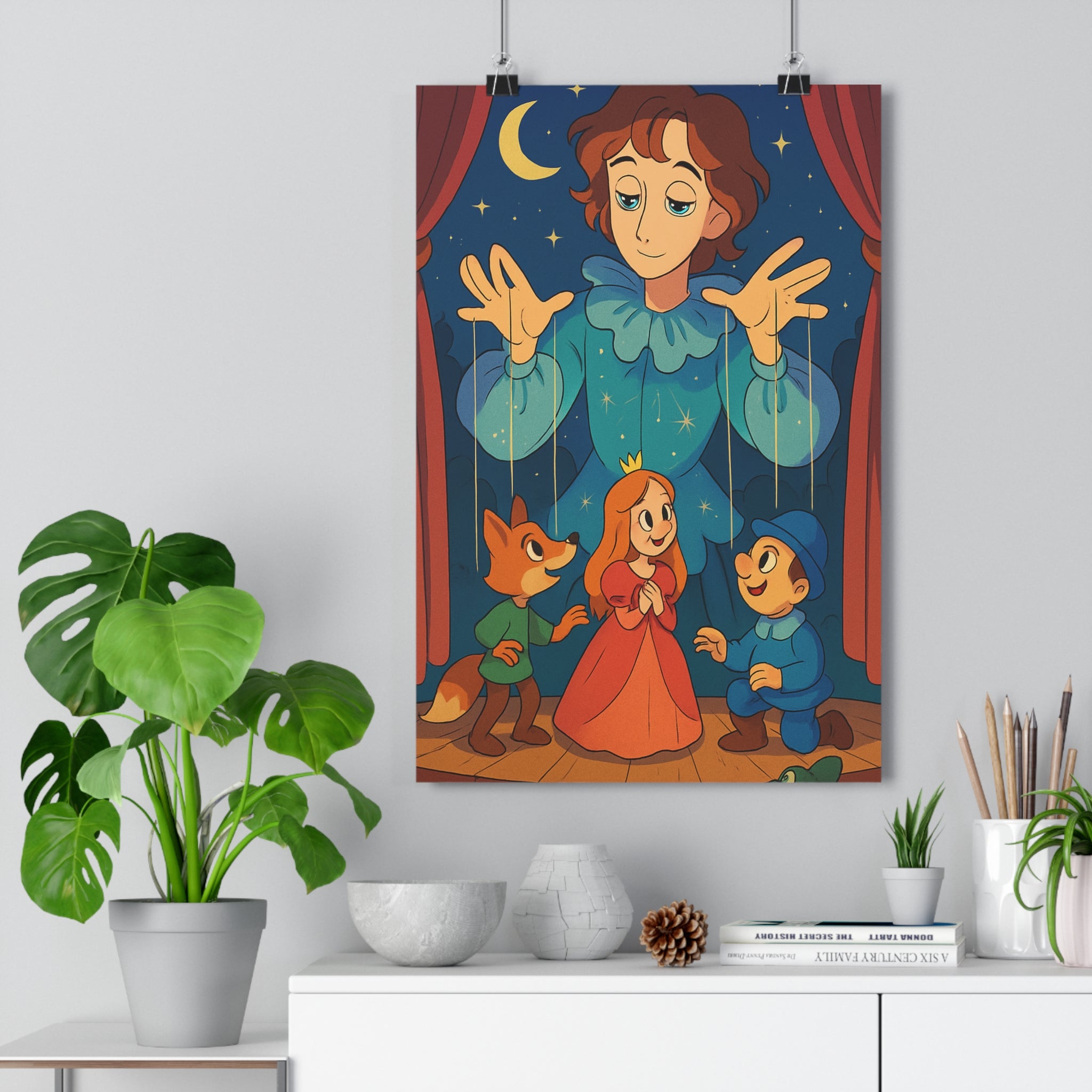 Poster décoratif théâtral mystique cheveux bruns renard vert princesse rouge fond étoilé magique chambre