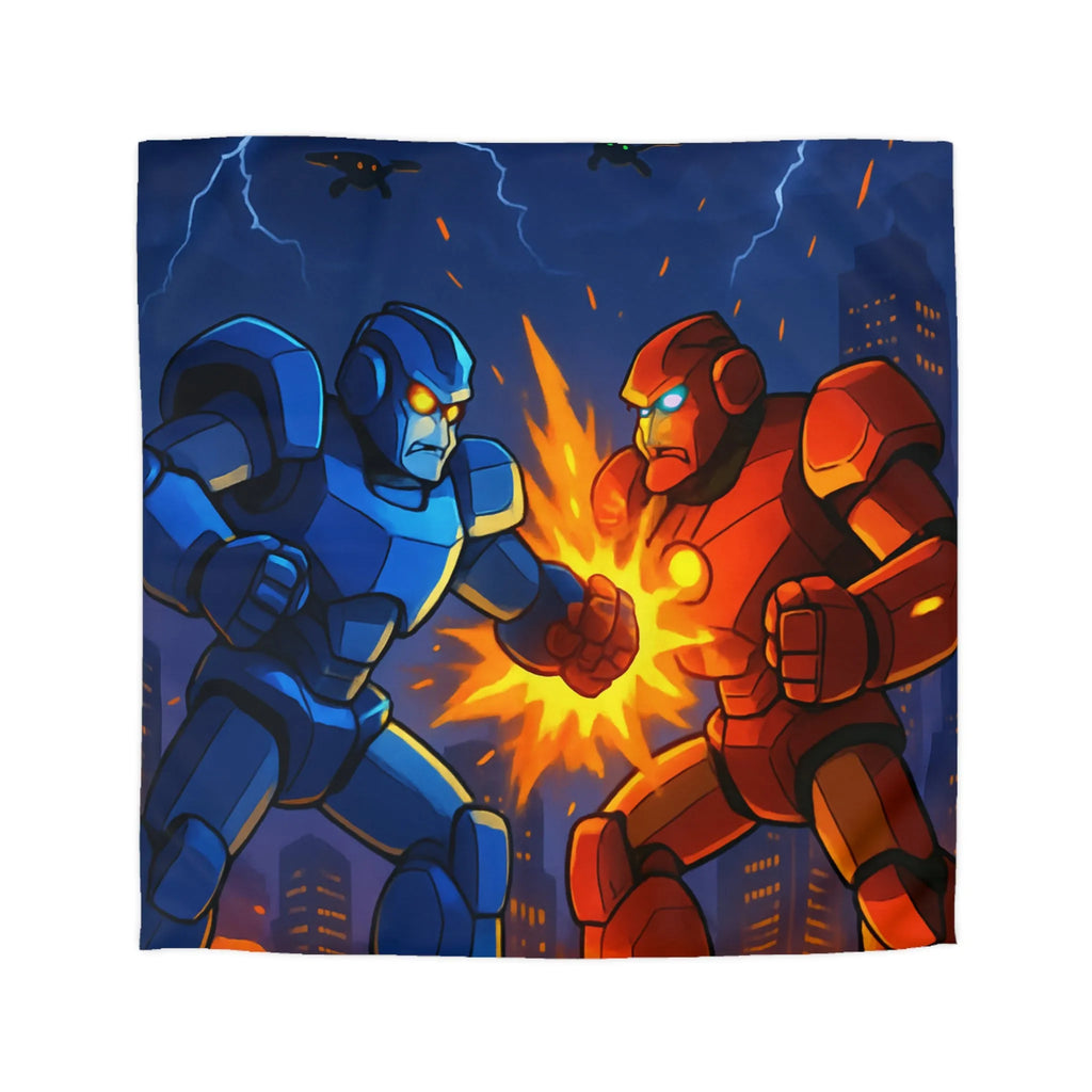 Housse de couette futuriste robots en combat dans une ville éclairée par l'orage