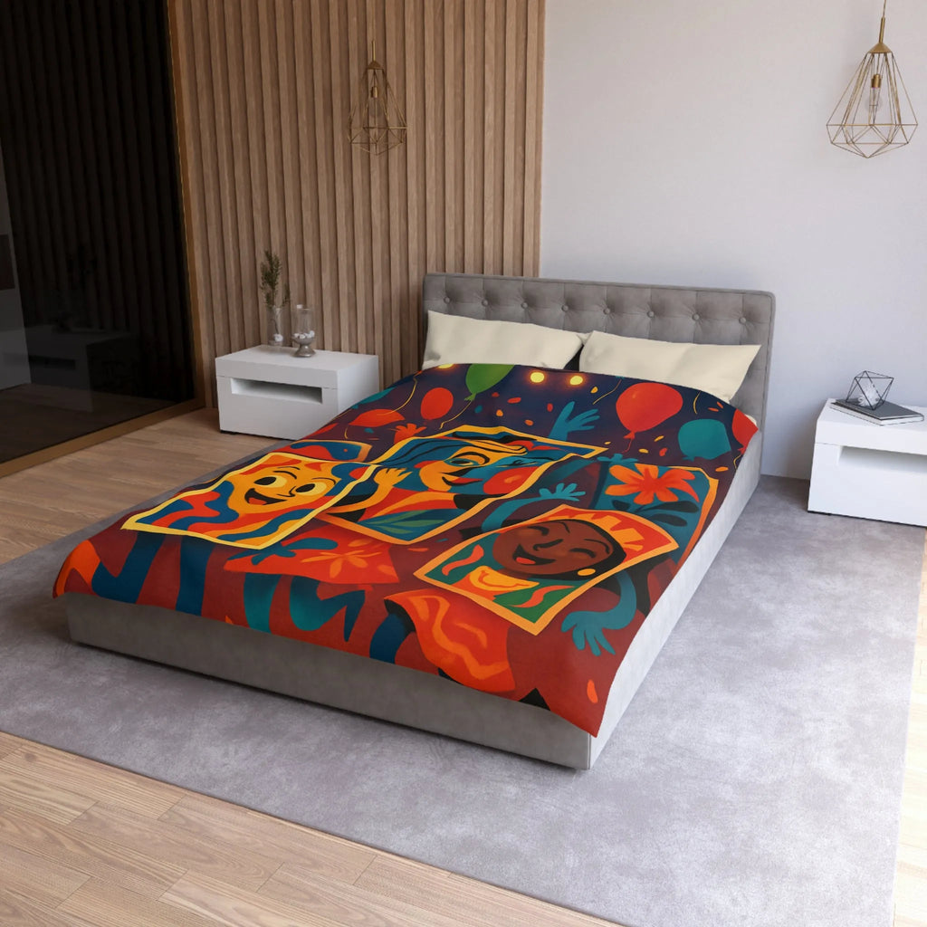 Housse de couette colorée comics avec motifs de fête et personnages joyeux