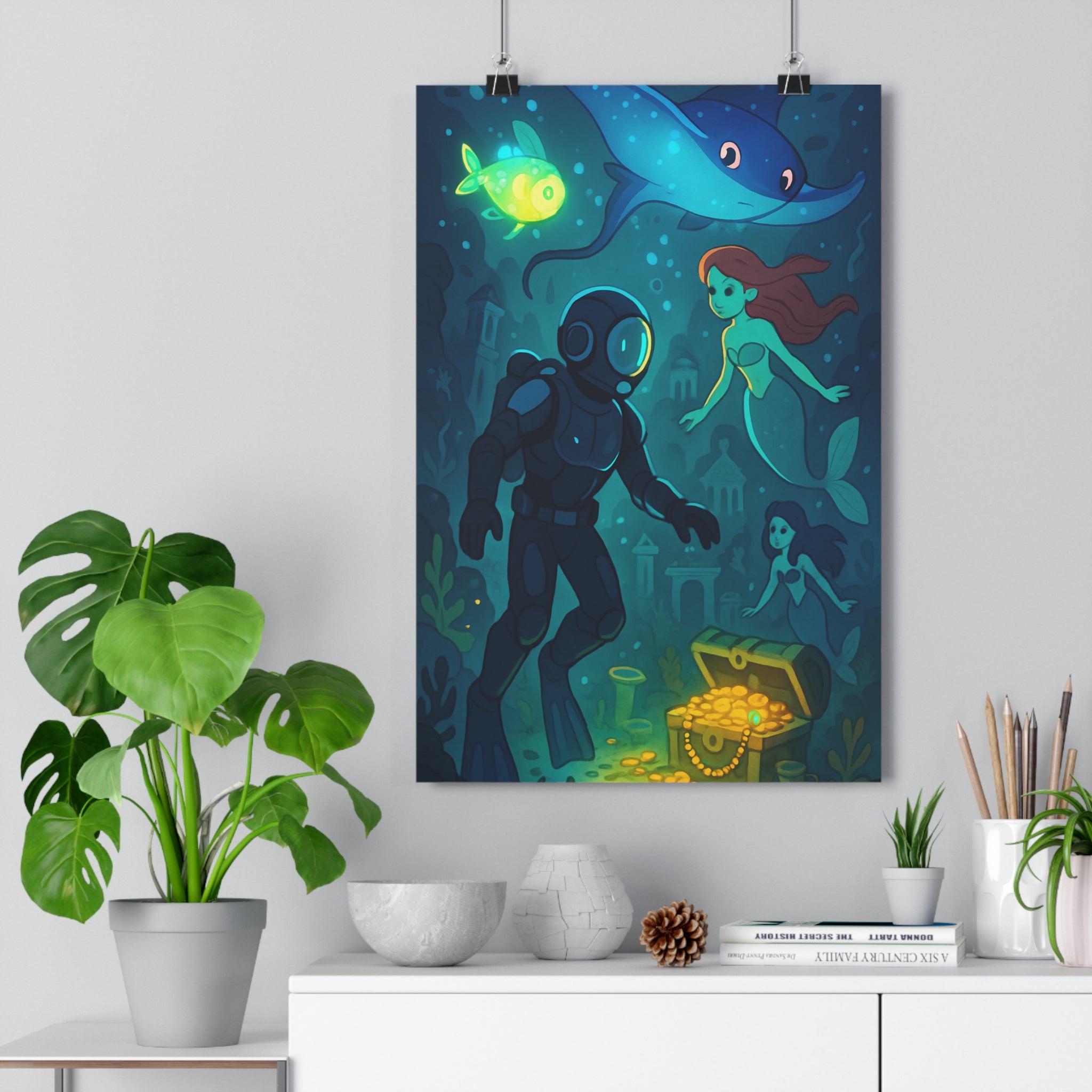 Poster décoratif aquatique bleu vert mystique aventure chambre enfant animé créatures marines captivant rêveur