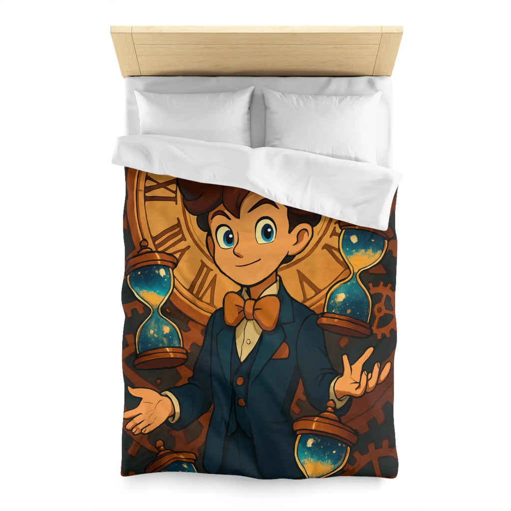 Élégante housse de couette thème horloger avec personnage stylisé et sabliers dorés