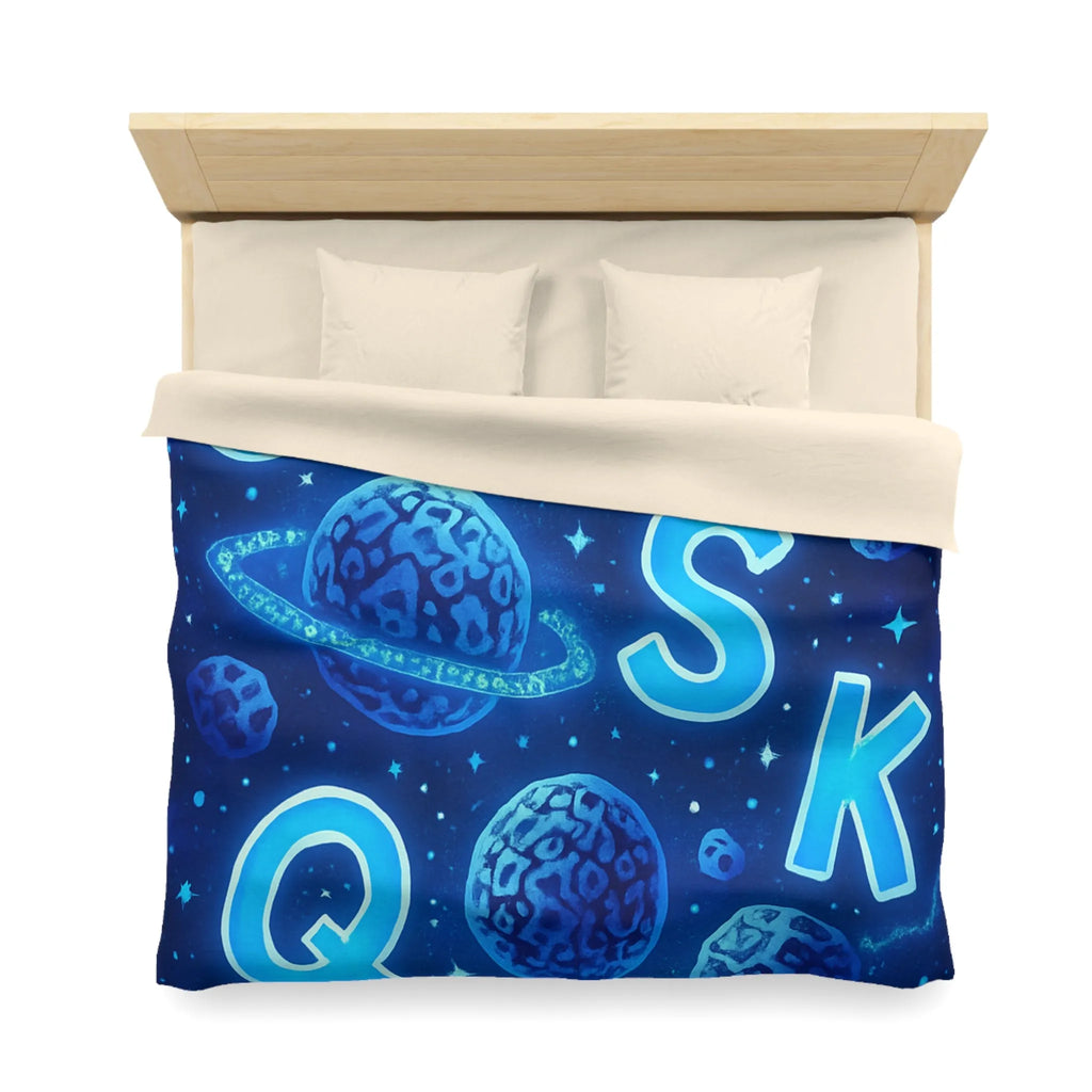 Alphabet bleuté interstellaire sur housse de couette planètes et étoiles pour décoration spatiale